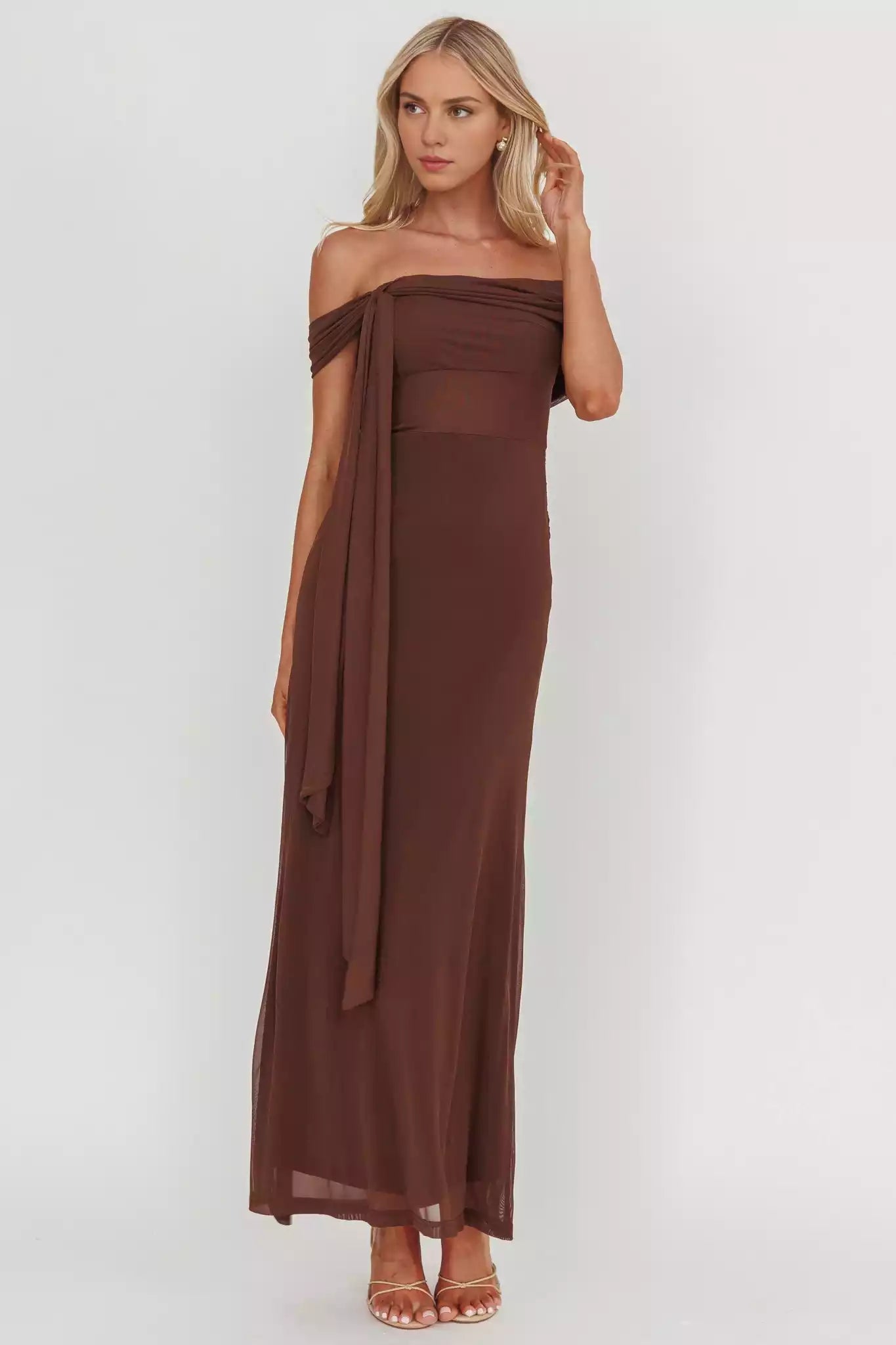 Stunning interior mesh covering off the shoulder design, with layered straps on the front and zippers on the sides Prom Dresses