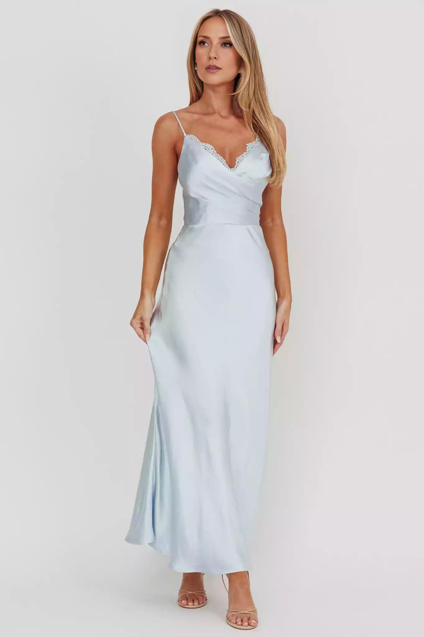 Stunning lace edge collar with lining, sloping neckline and zipper at the back Prom Dresses