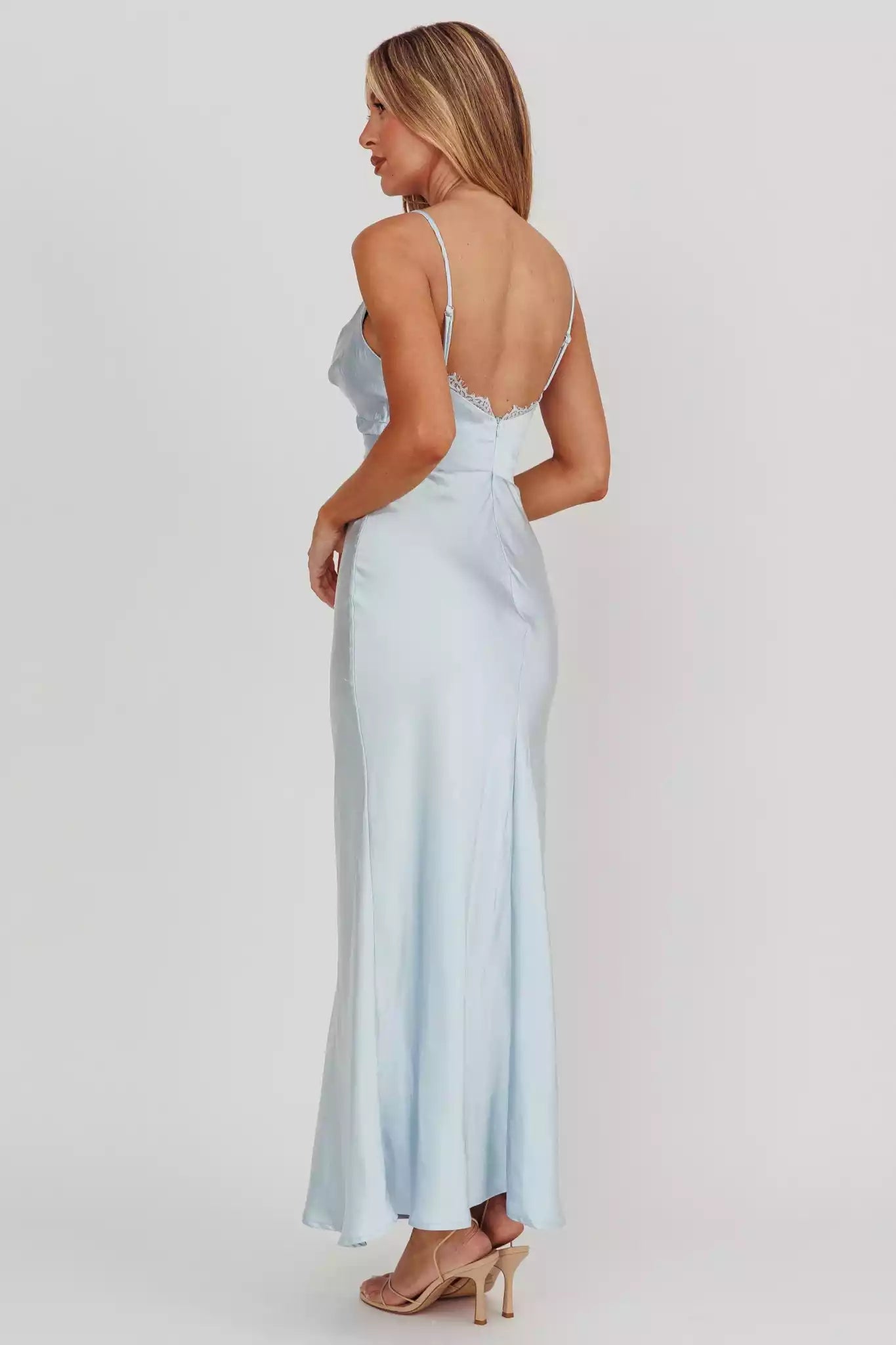 Stunning lace edge collar with lining, sloping neckline and zipper at the back Prom Dresses