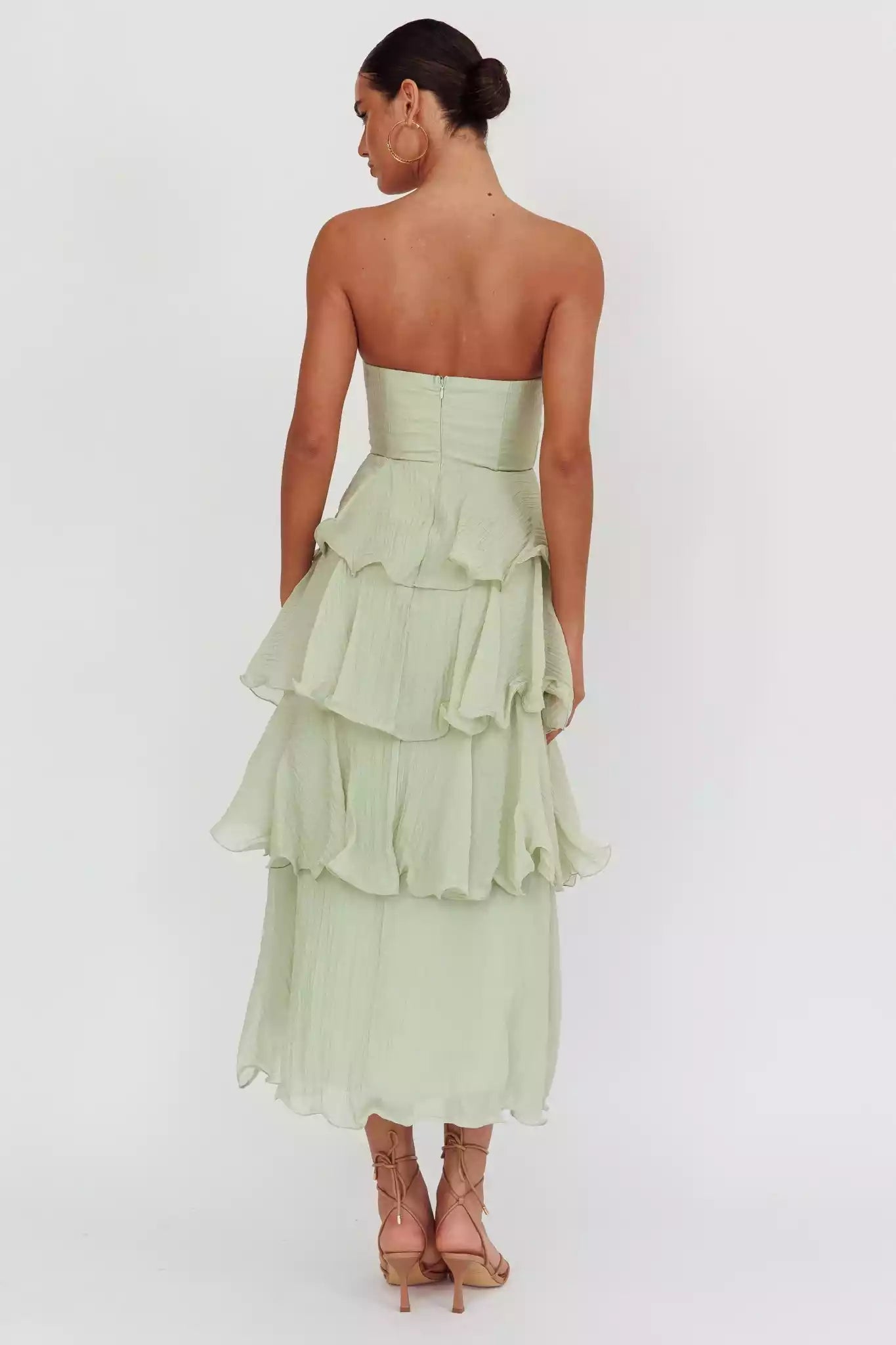 Stunning layered ruffle edge mid length strapless chest padding with hidden back zipper Prom Dresses