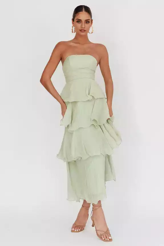 Stunning layered ruffle edge mid length strapless chest padding with hidden back zipper Prom Dresses