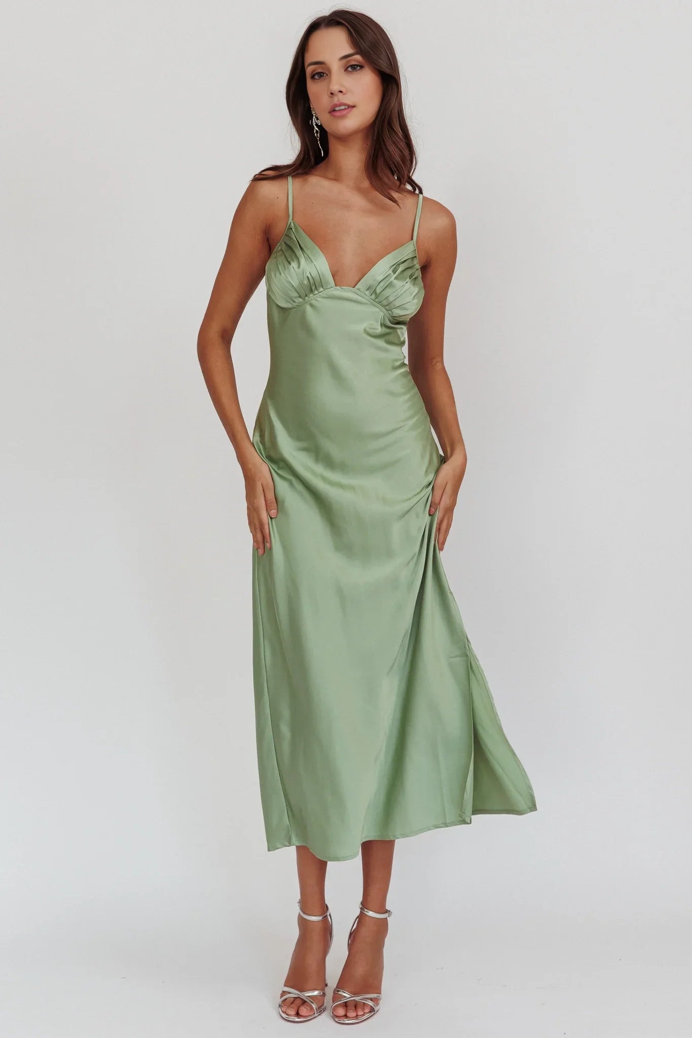 Stunning long mid length camisole with adjustable thin straps, pleated chest, side leg slit bridesmaid dress