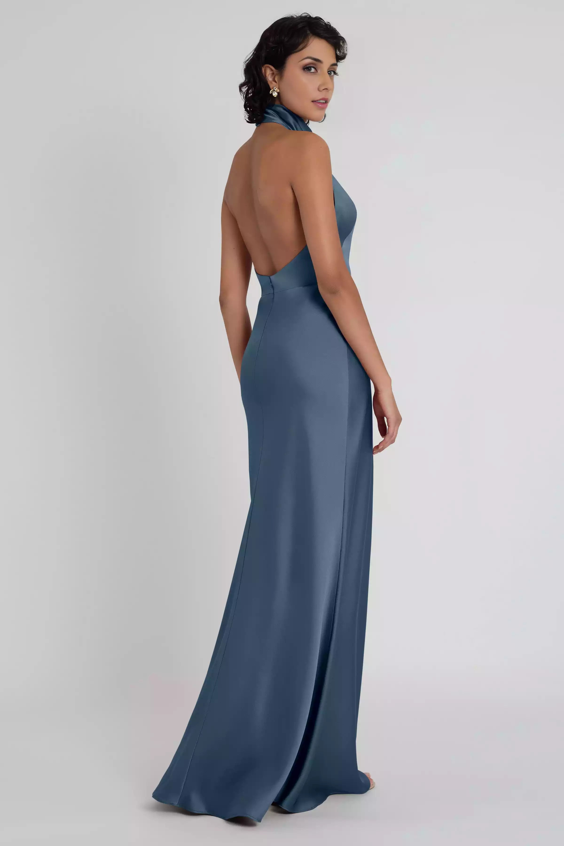 Stunning luxury satin hanging suspender collar, low backless tight corset, slanted cut back, mid zip Bridesmaid Dresses