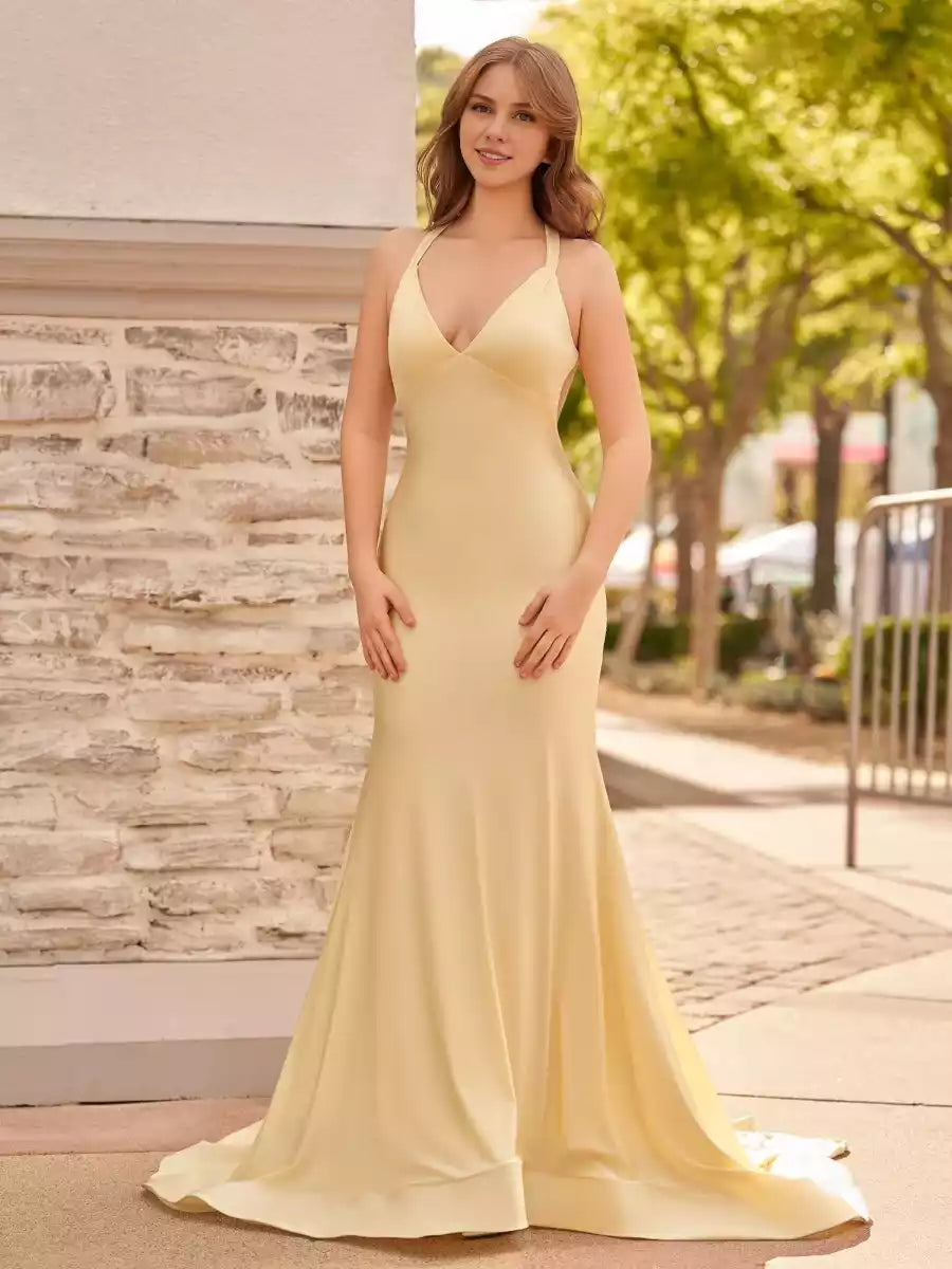 Stunning mermaid V-neck satin sleeveless lace up pleated Prom Dresses