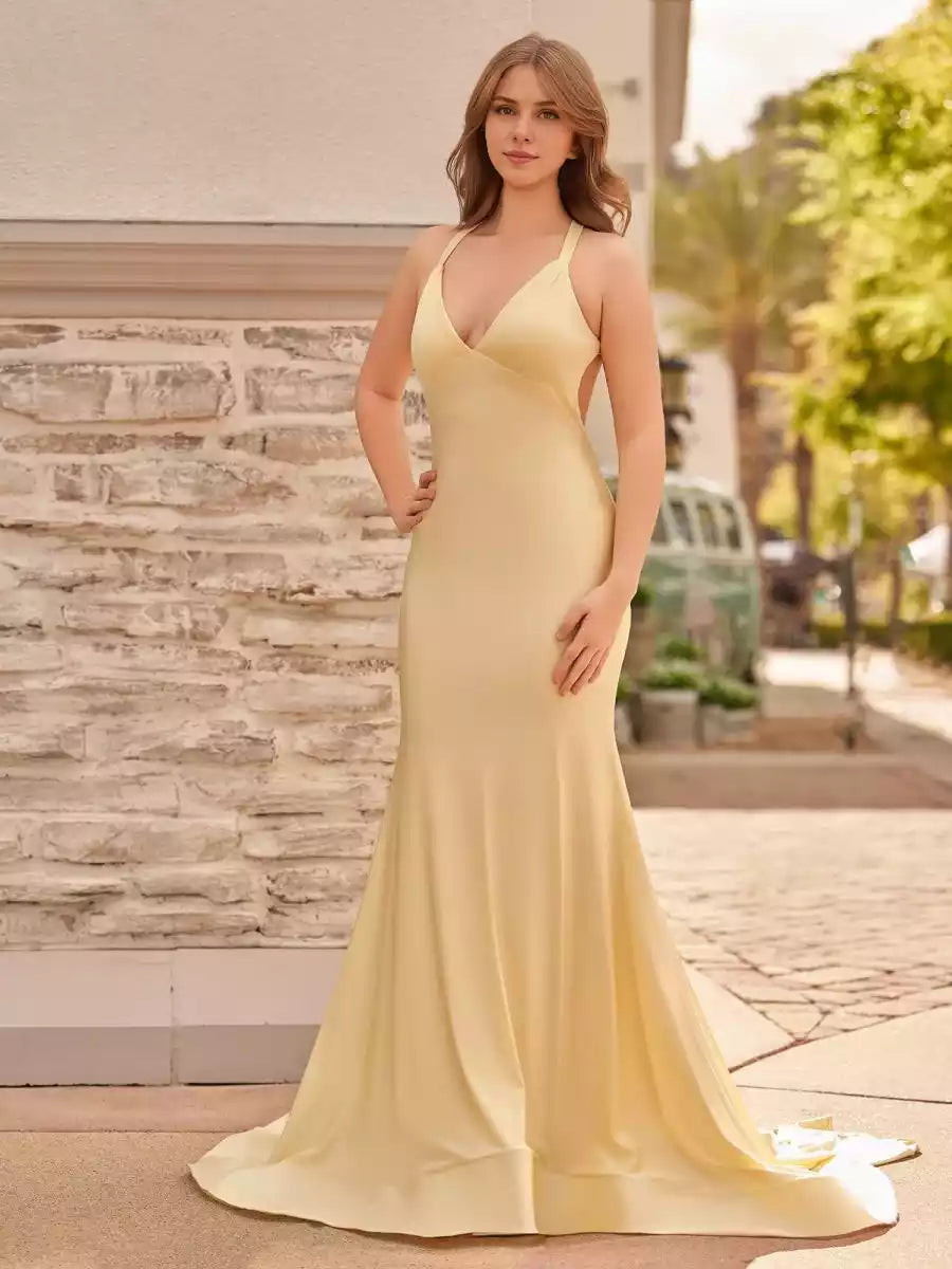 Stunning mermaid V-neck satin sleeveless lace up pleated Prom Dresses