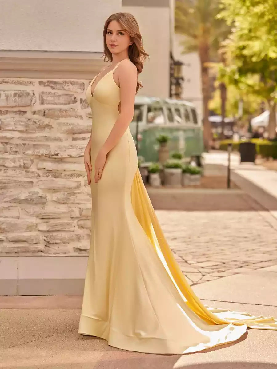 Stunning mermaid V-neck satin sleeveless lace up pleated Prom Dresses