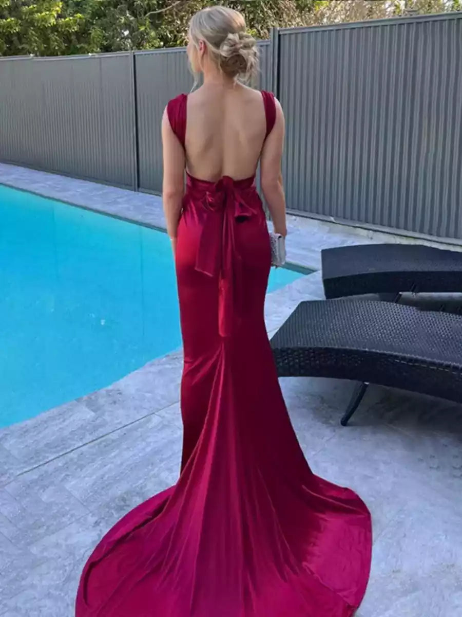 Stunning mermaid satin V-neck pleated trim with slim fit and back strap Prom Dresses