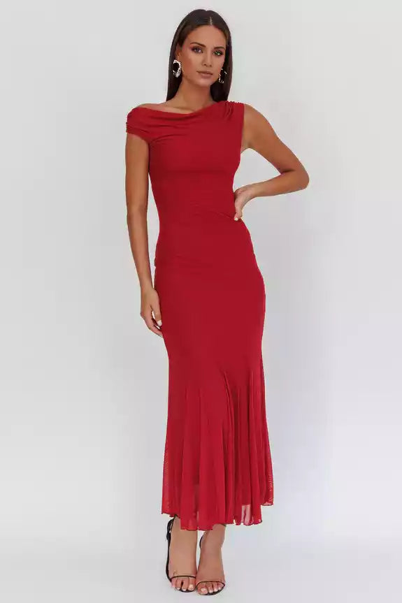 Stunning mesh, ultra long lining, asymmetrical neckline, side zipper Prom Dresses