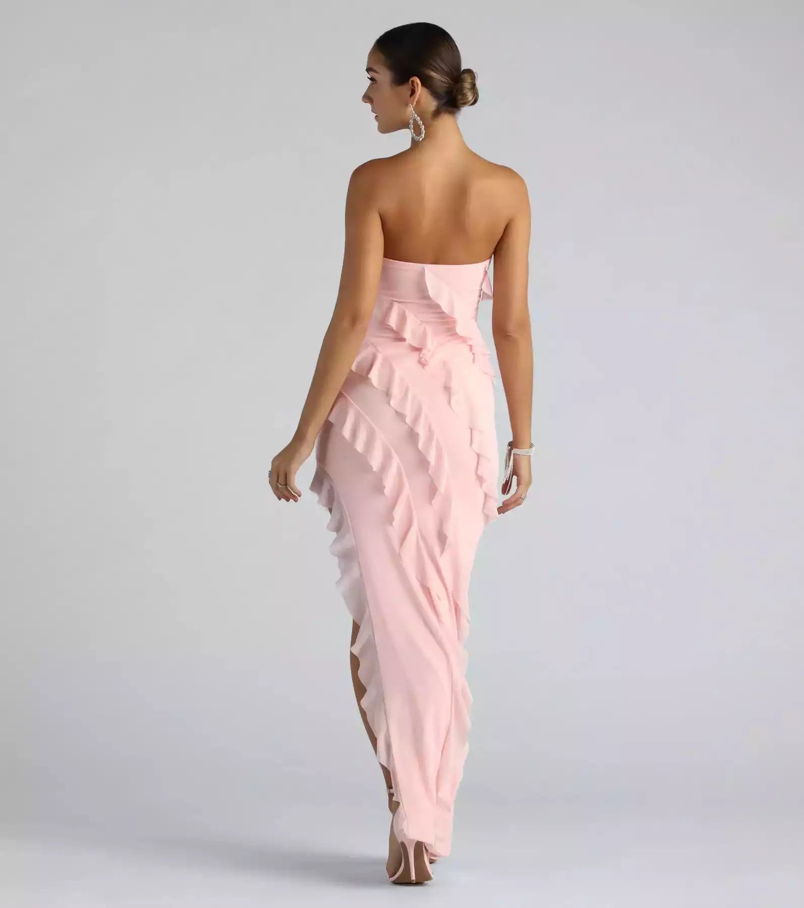 Stunning mesh lining, strapless neckline, side zipper, asymmetrical ruffle edge, snug fit, high side slit, Prom Dresses