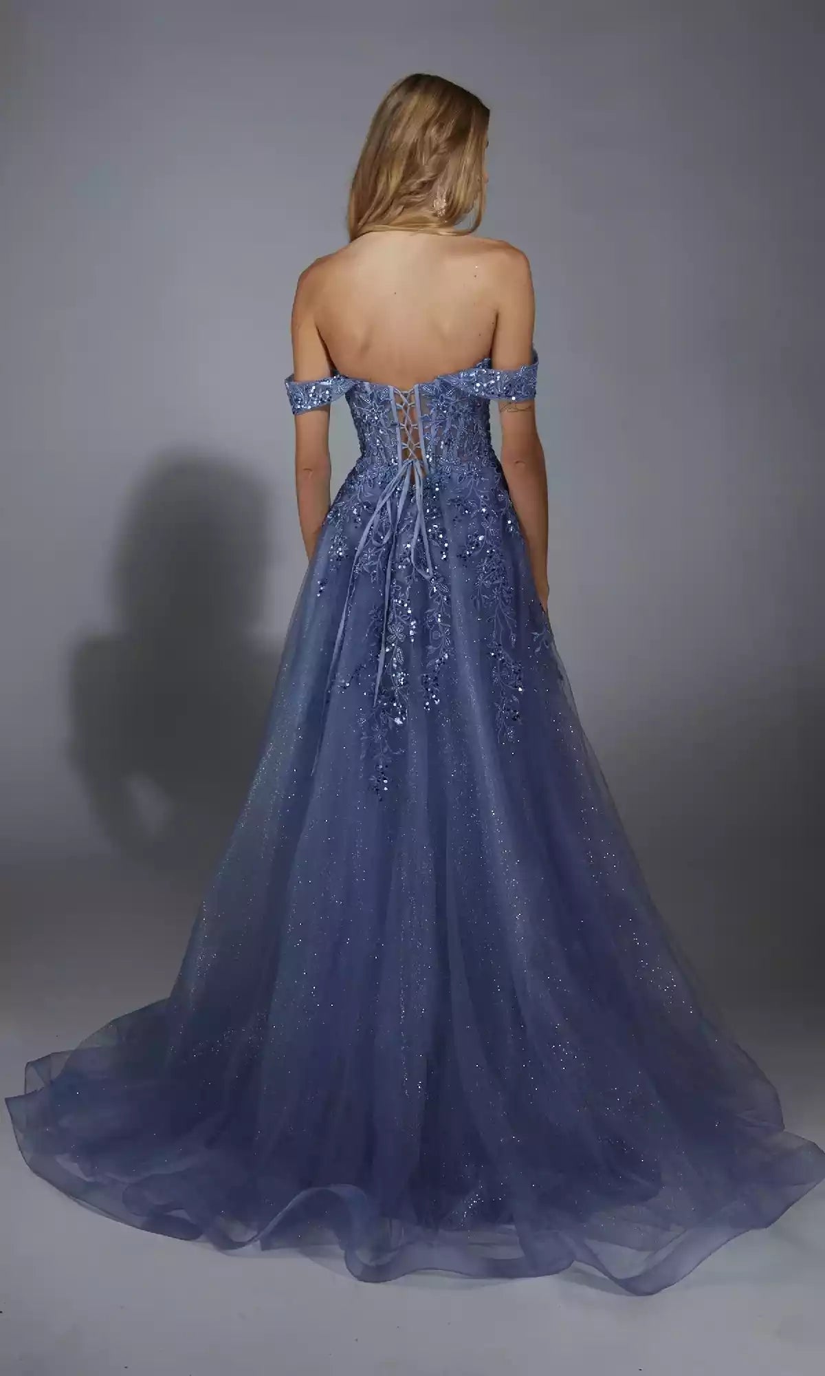 Stunning off shoulder long shimmering chiffon corset with heart-shaped neckline, lace embroidery, lace back, A-line skirt, Prom Dresses