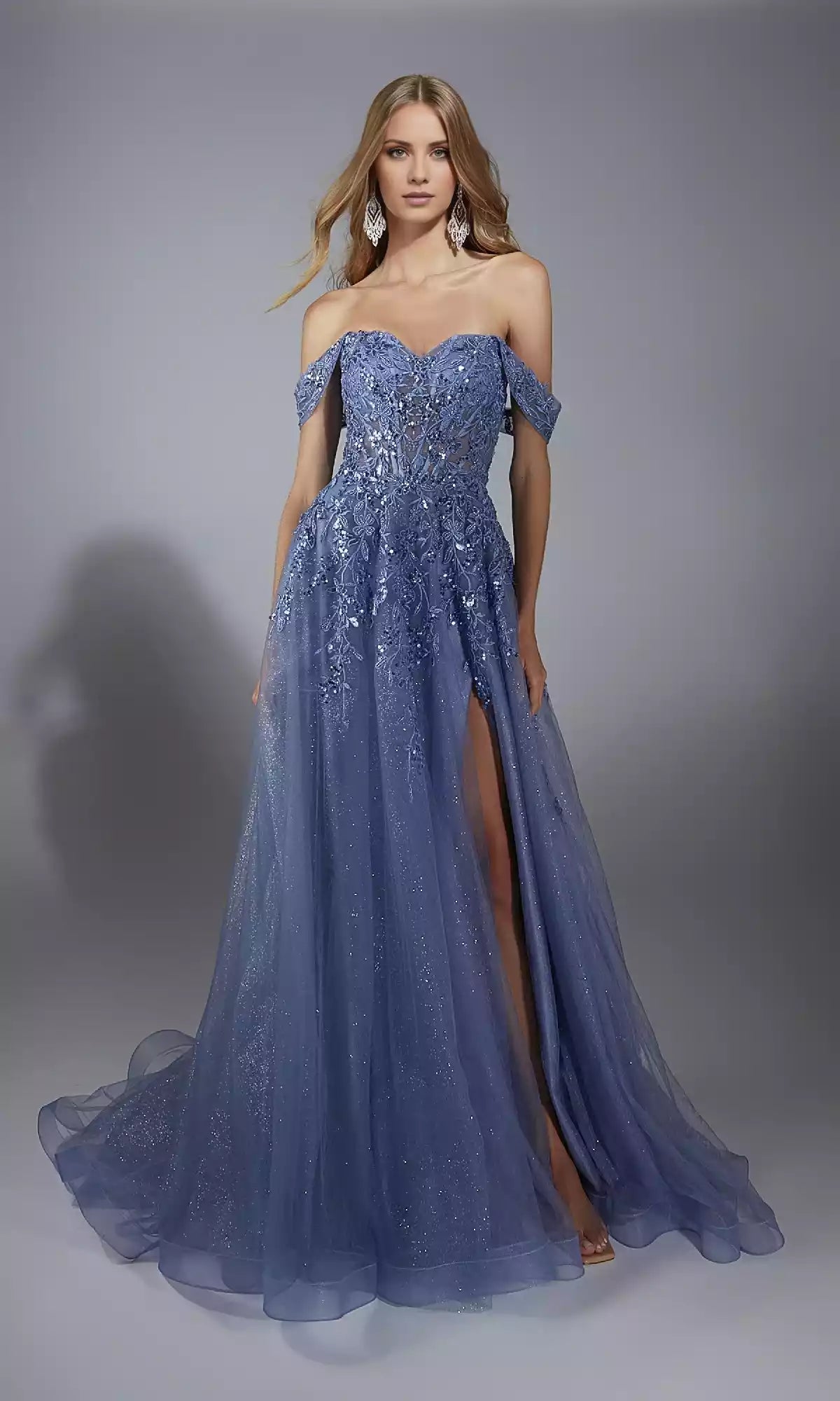 Stunning off shoulder long shimmering chiffon corset with heart-shaped neckline, lace embroidery, lace back, A-line skirt, Prom Dresses