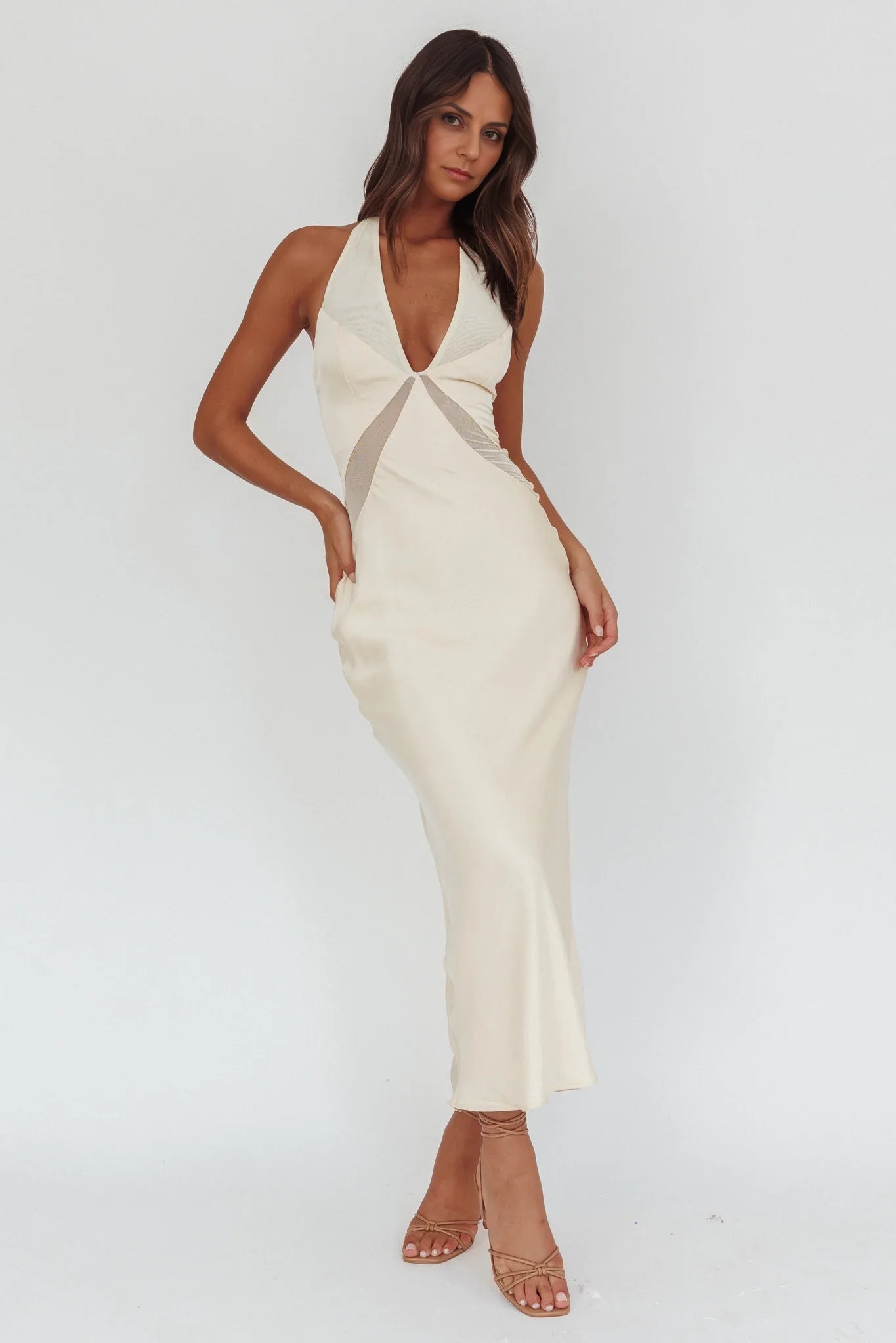 Stunning perspective splicing backless hanging neck button closure bridesmaid dress