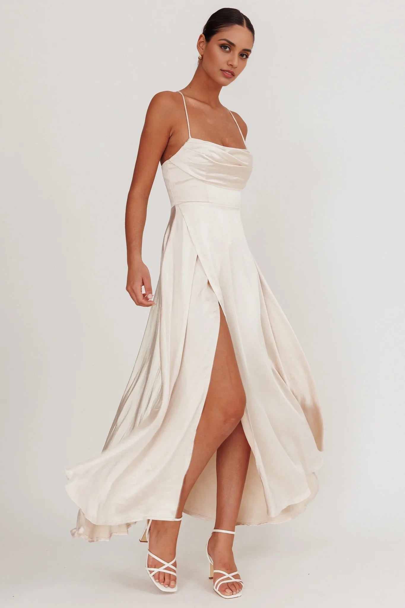 Stunning satin long adjustable cross thin shoulder straps, leg slits, invisible back zipper bridesmaid dress