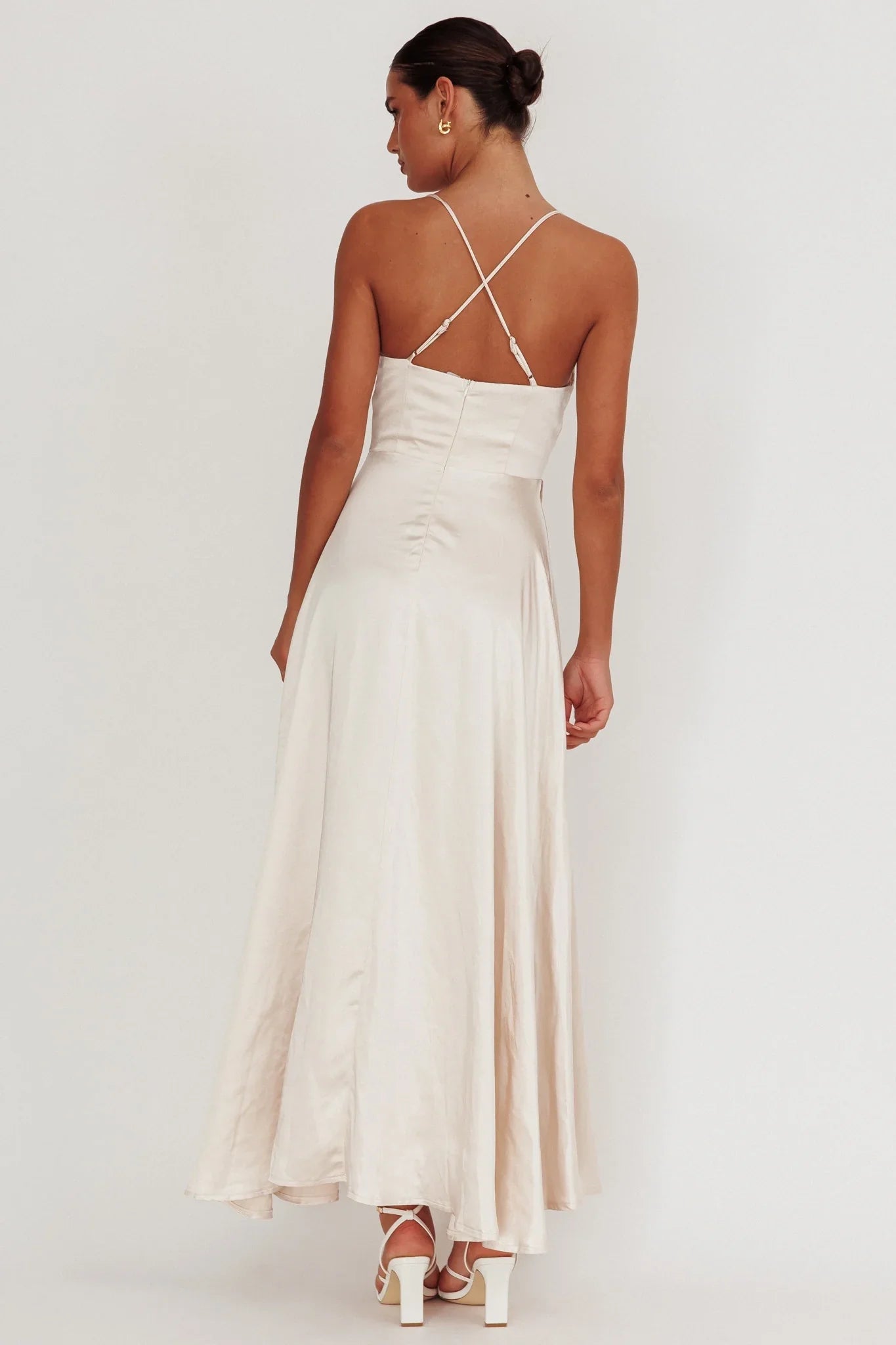 Stunning satin long adjustable cross thin shoulder straps, leg slits, invisible back zipper bridesmaid dress