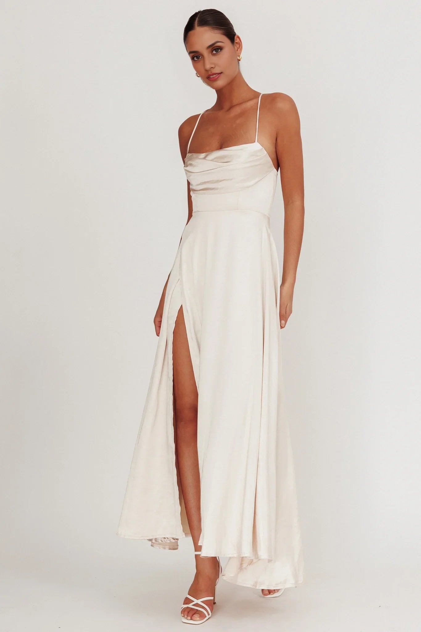 Stunning satin long adjustable cross thin shoulder straps, leg slits, invisible back zipper bridesmaid dress