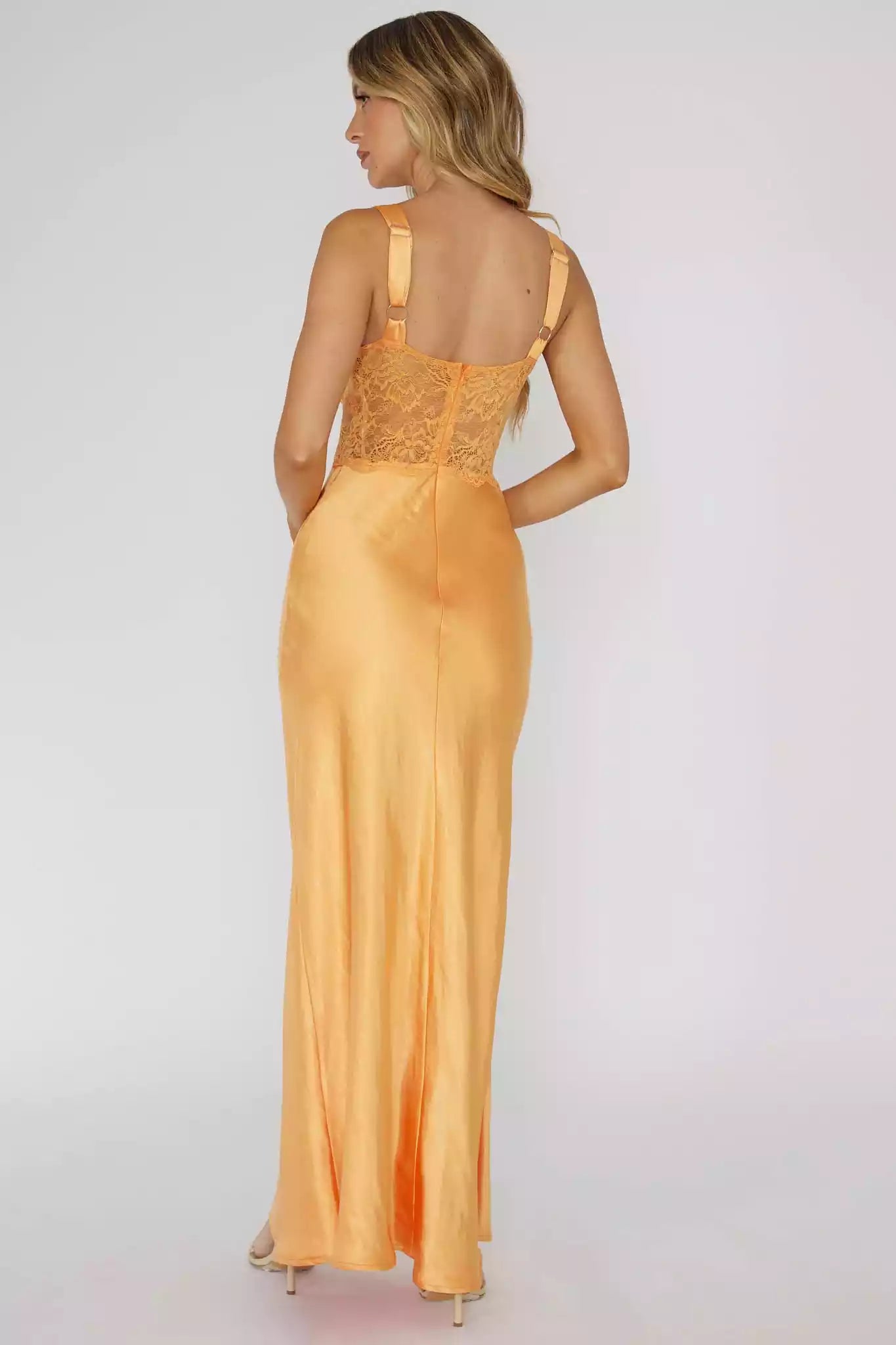 Stunning satin long lace trim with adjustable shoulder straps Bridesmaid Dresses