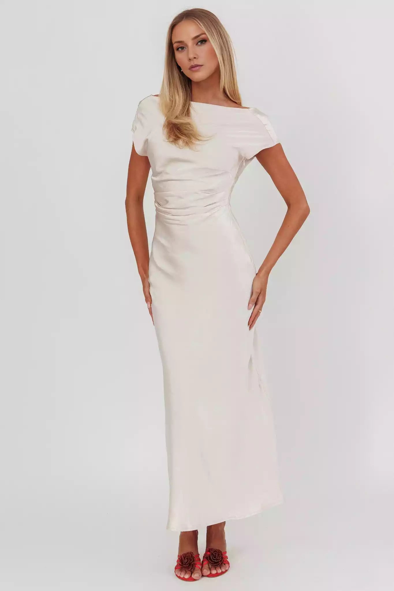 Stunning satin mid length boat collar without lining, hidden side zipper Prom Dresses