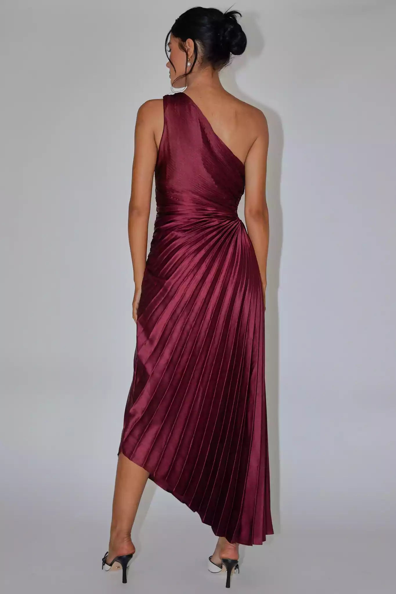 Stunning satin mid length shoulder accordion pleat waist cut with lining and side hidden zipper Prom Dresses