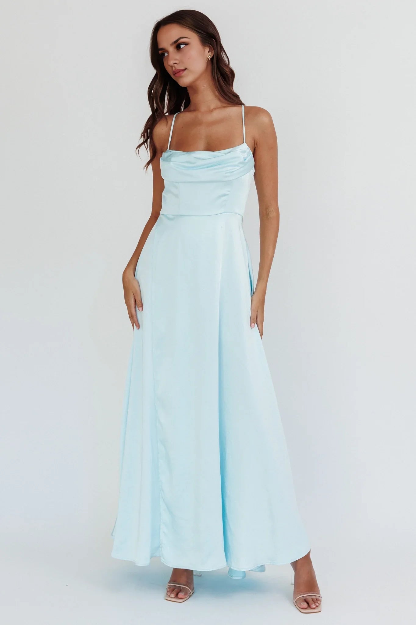 Stunning satin super long high slit with lightweight gathering slit inside bridesmaid dress