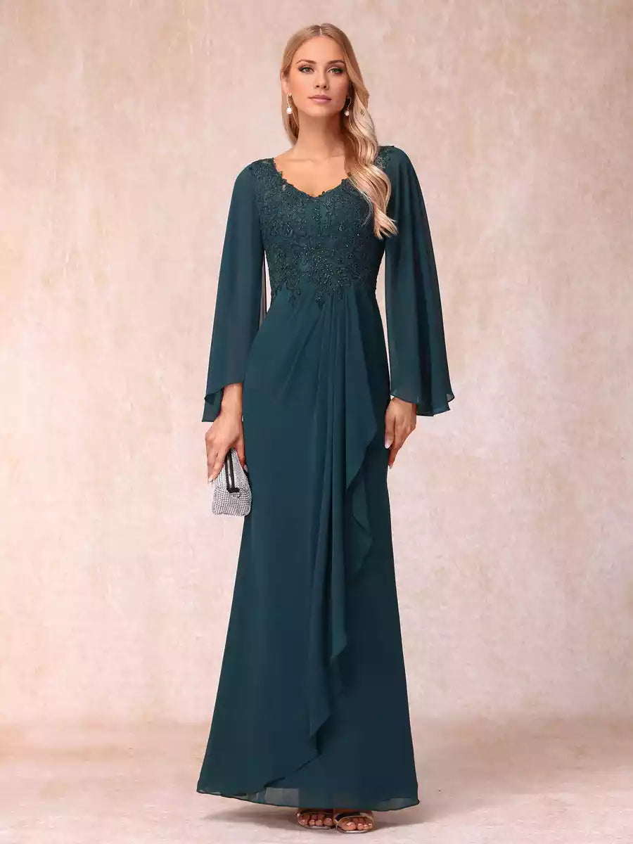 Stunning slim fit/straight V-neck long sleeved sequin decal long style official Mother of the Bride Dresses