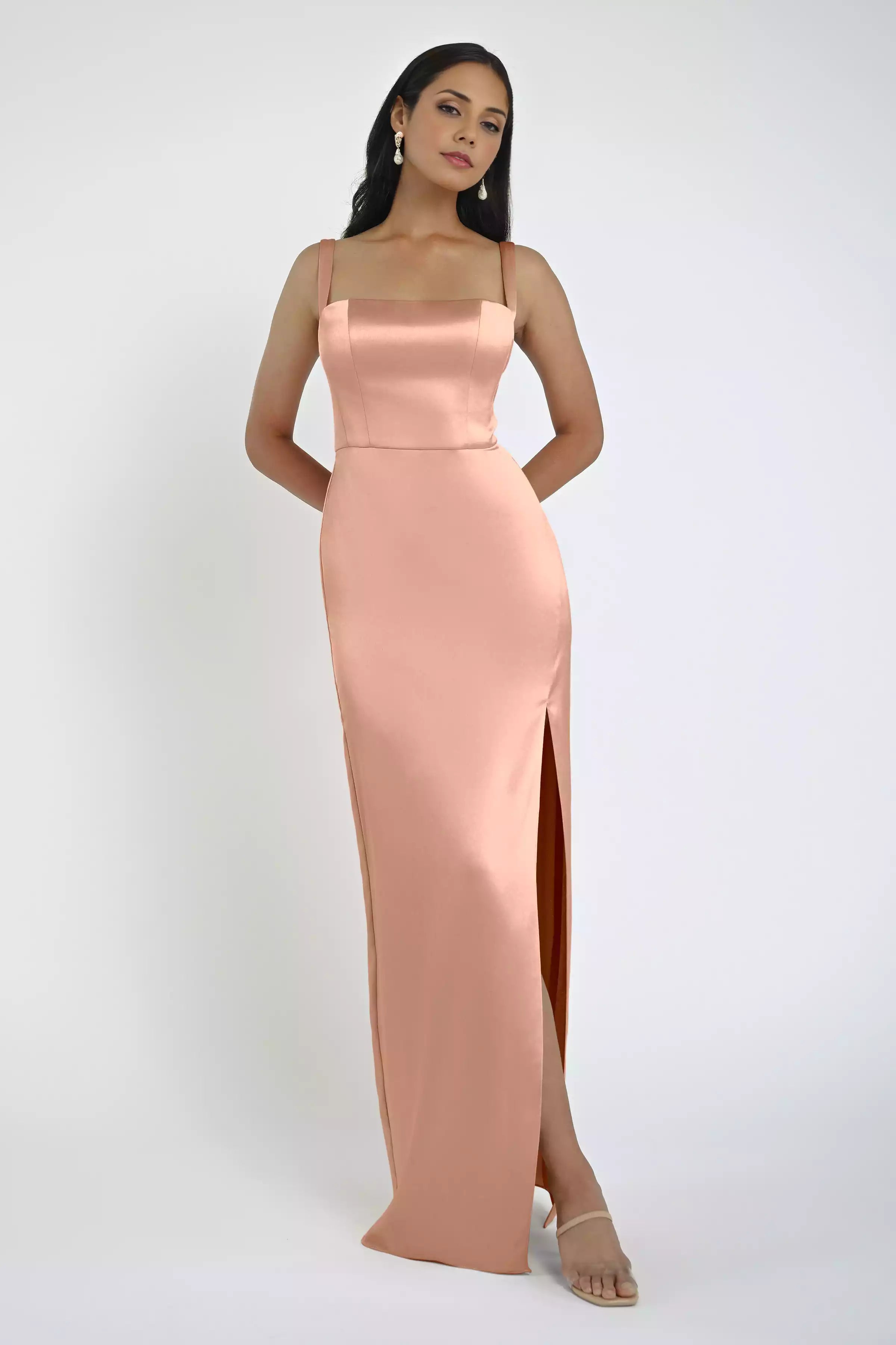 Stunning square neckline skirt with bold tapered wide shoulder straps, princess line tight corset with slit skirt, Evening Dresses