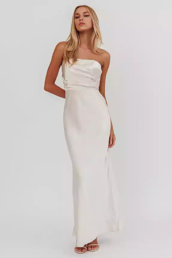Stunning strapless ultra long off shoulder satin without lining, invisible back zipper Bridesmaid Dresses