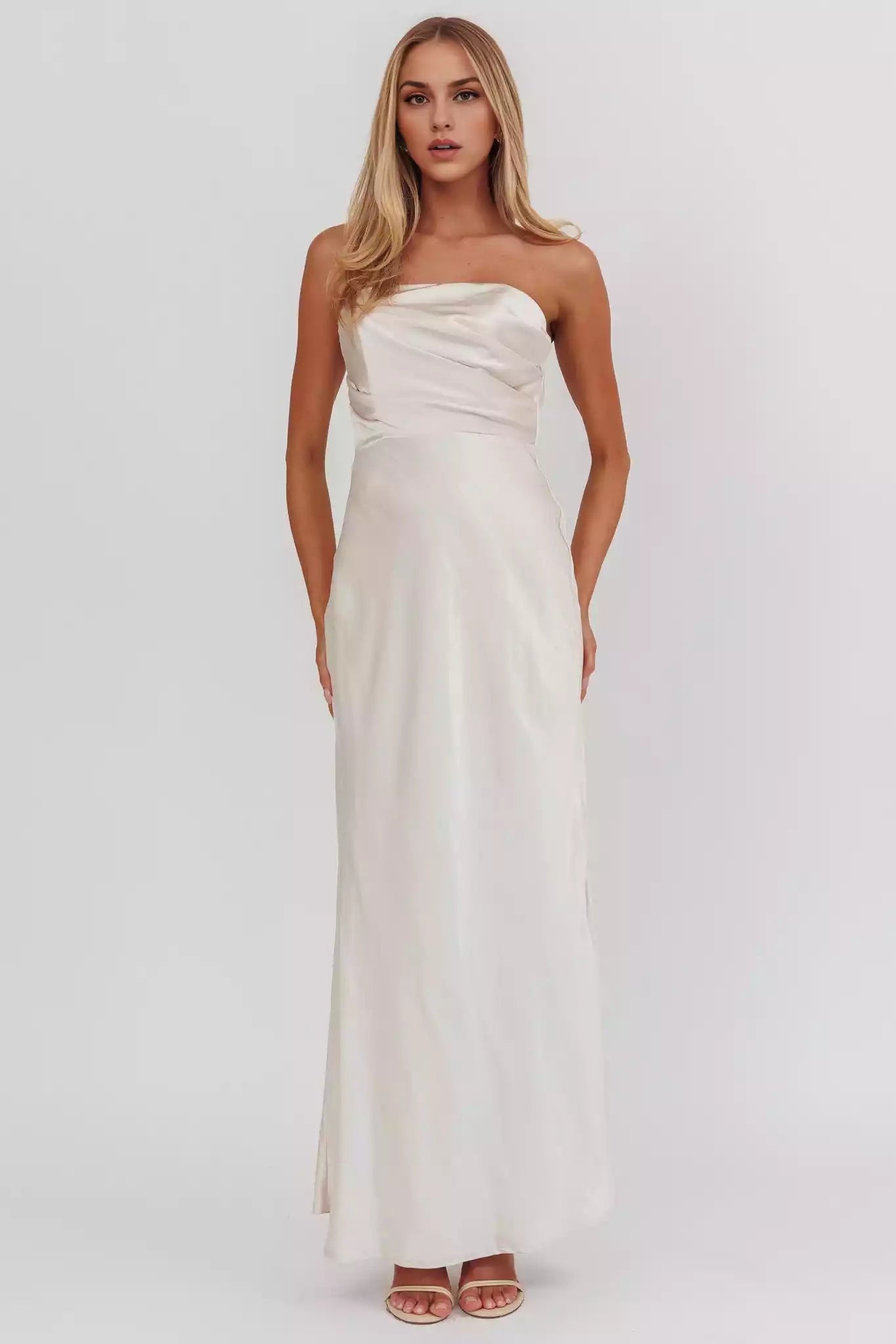 Stunning strapless ultra long off shoulder satin without lining, invisible back zipper Bridesmaid Dresses