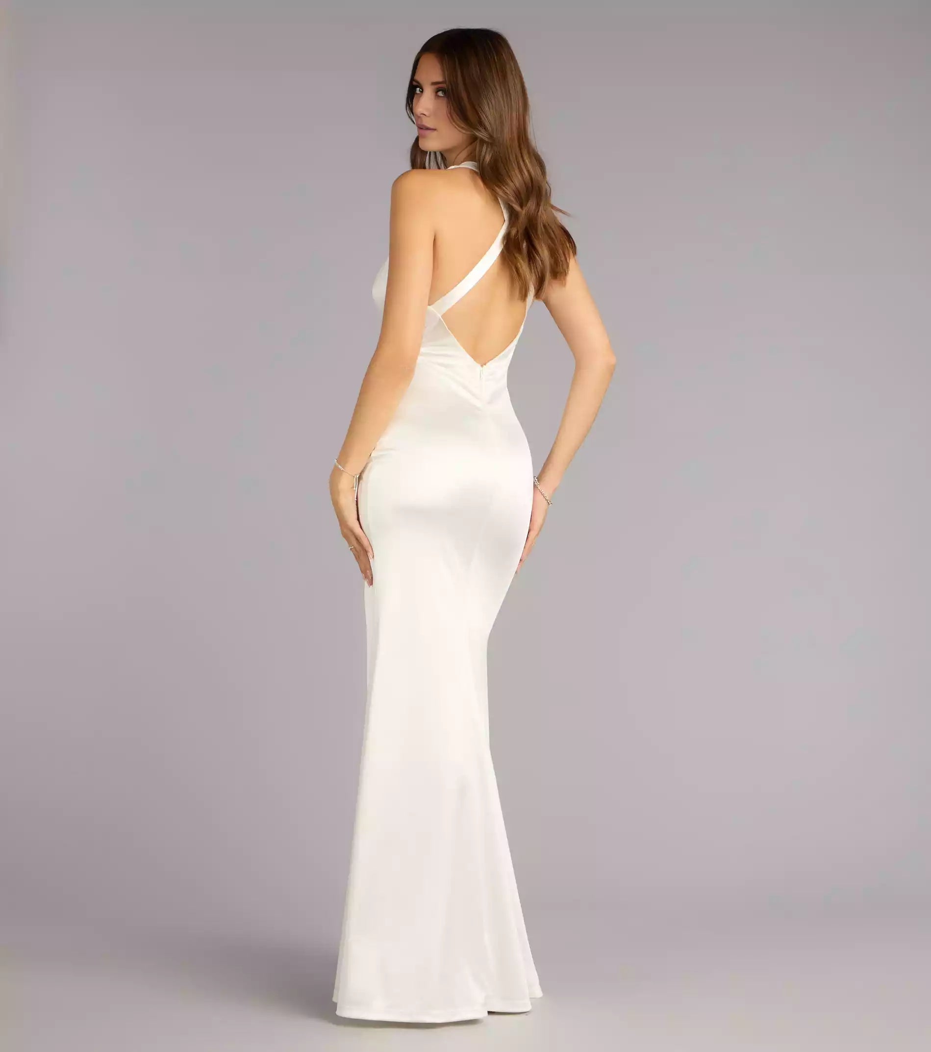 Stunning stretch satin sleeveless backless deep V-neck cross tie pleated waist high slit Prom Dresses