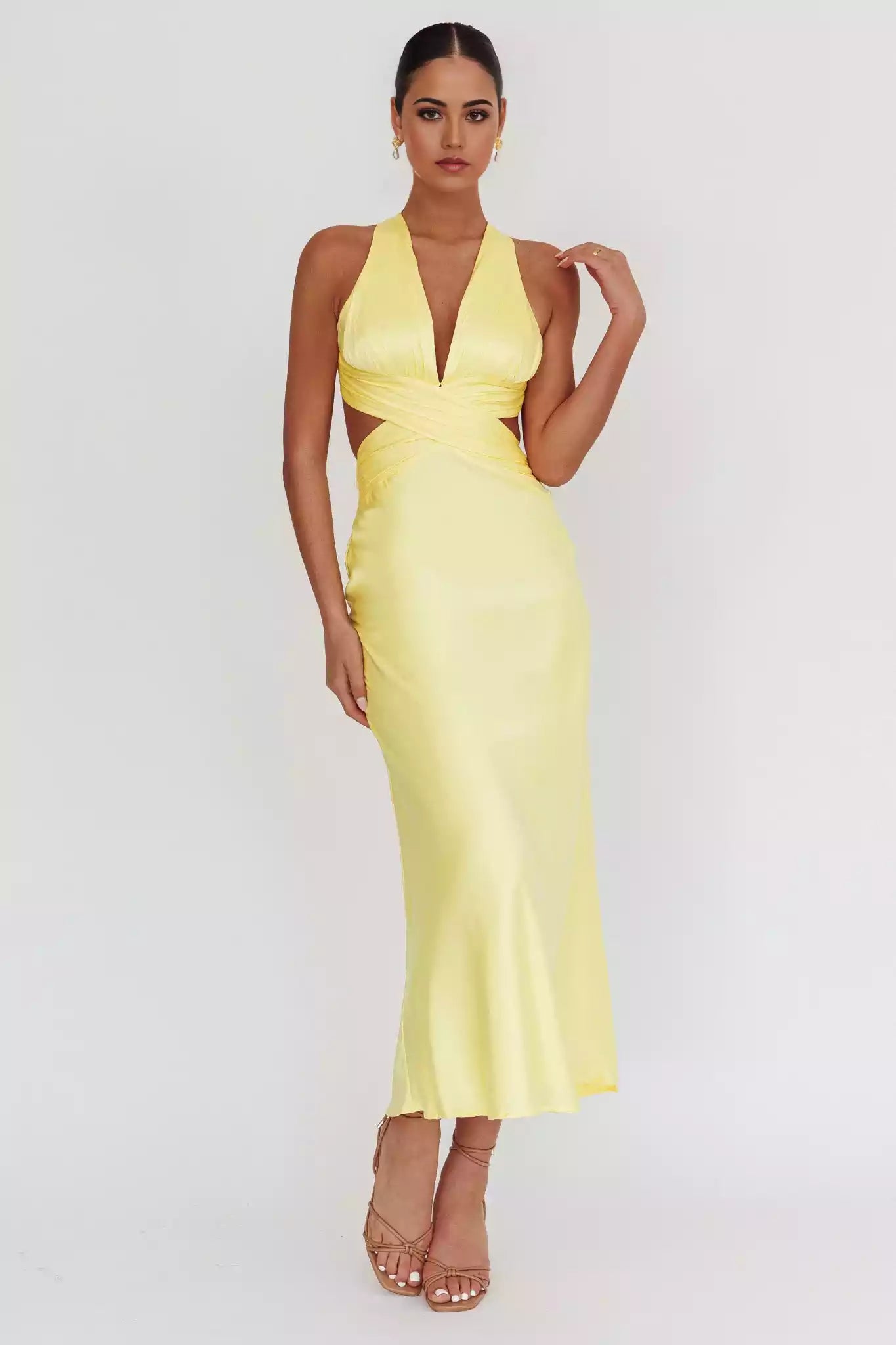 Stunning waist slit, cross straps, backless padding, invisible back zipper Prom Dresses