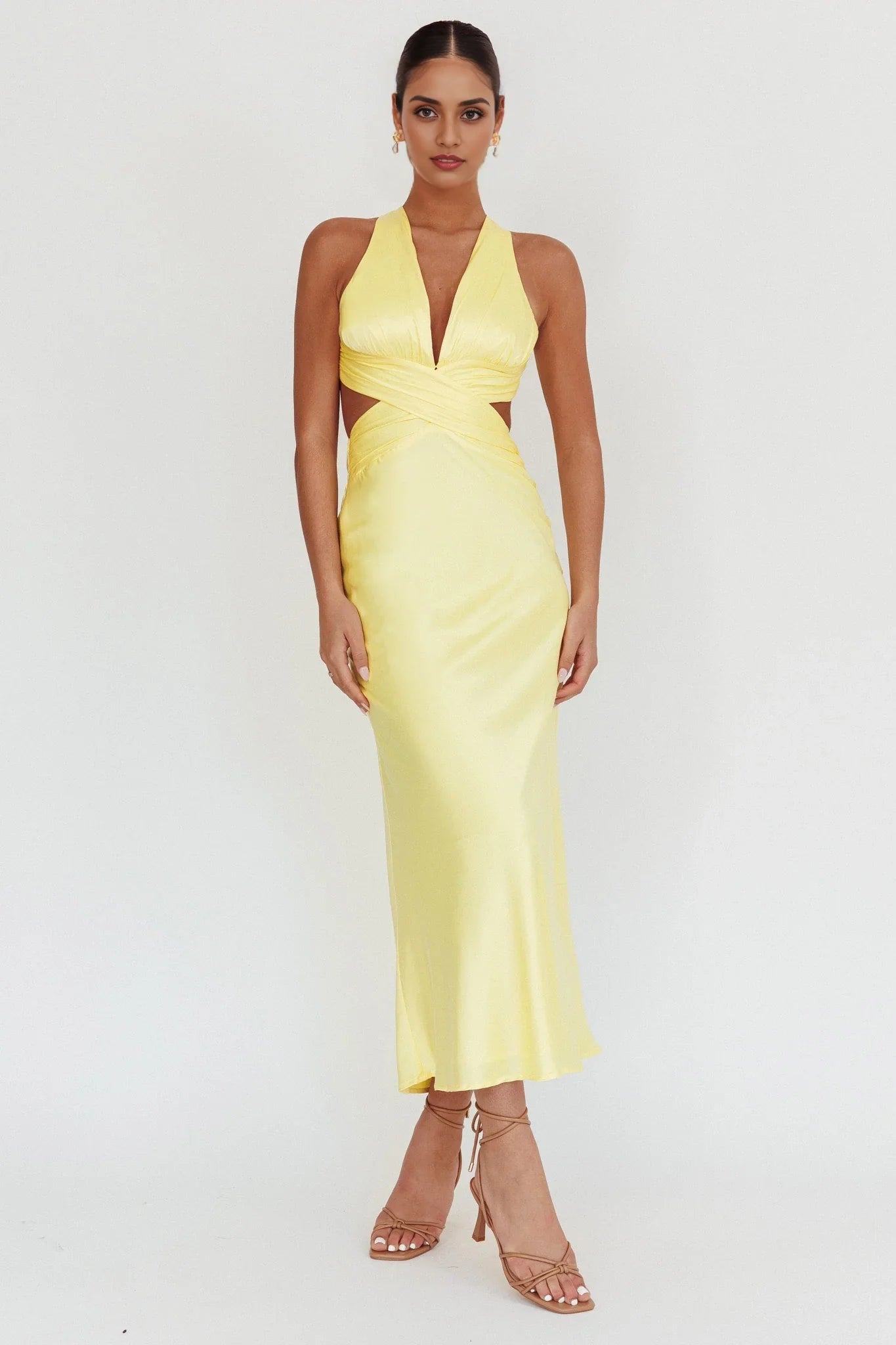 Stunning waist slit, cross straps, exposed back, invisible back zipper bridesmaid dress