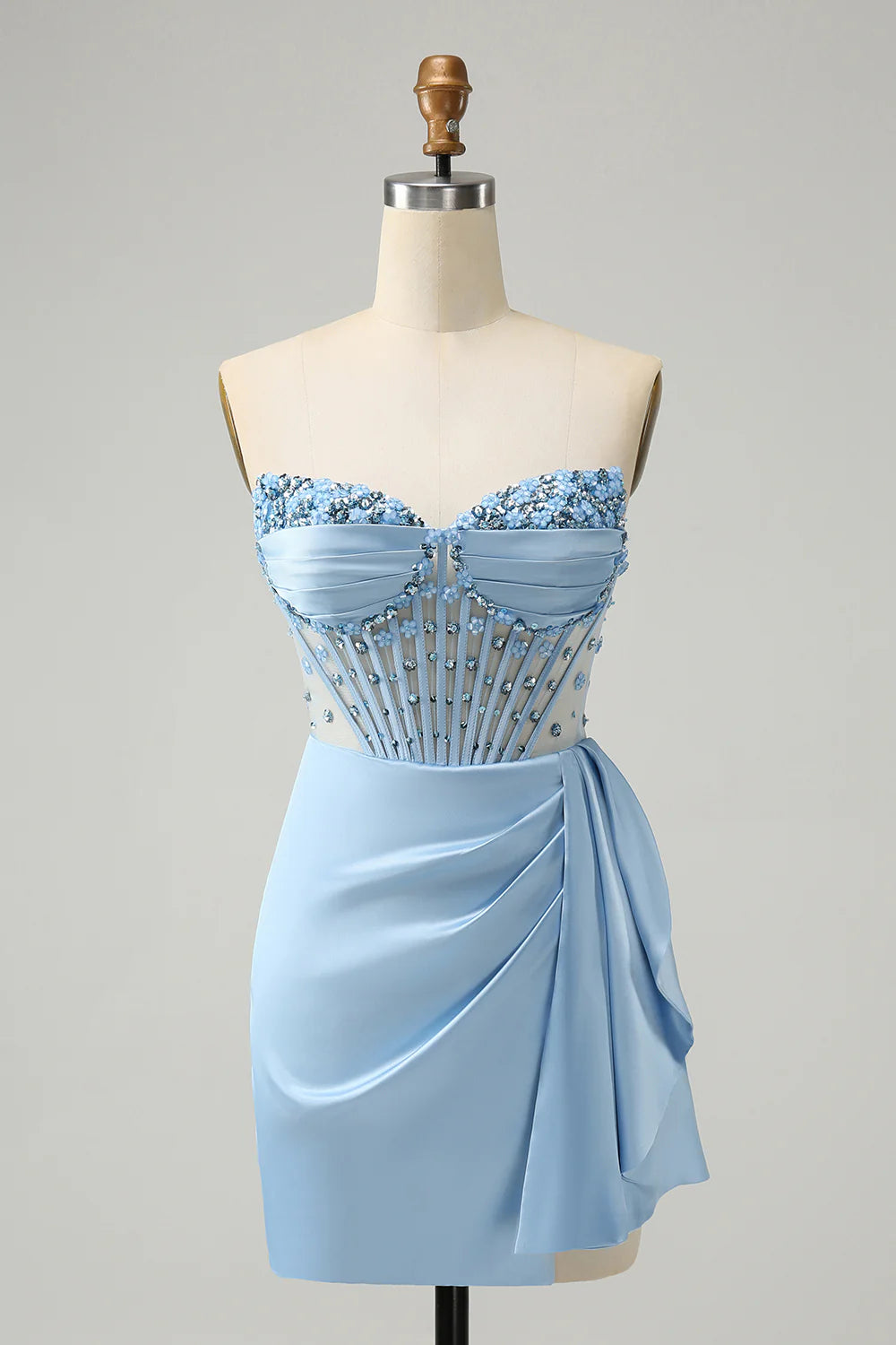 Stylish Blue Bodycon Sweetheart Pleated Corset Short Homecoming Dress with Beading