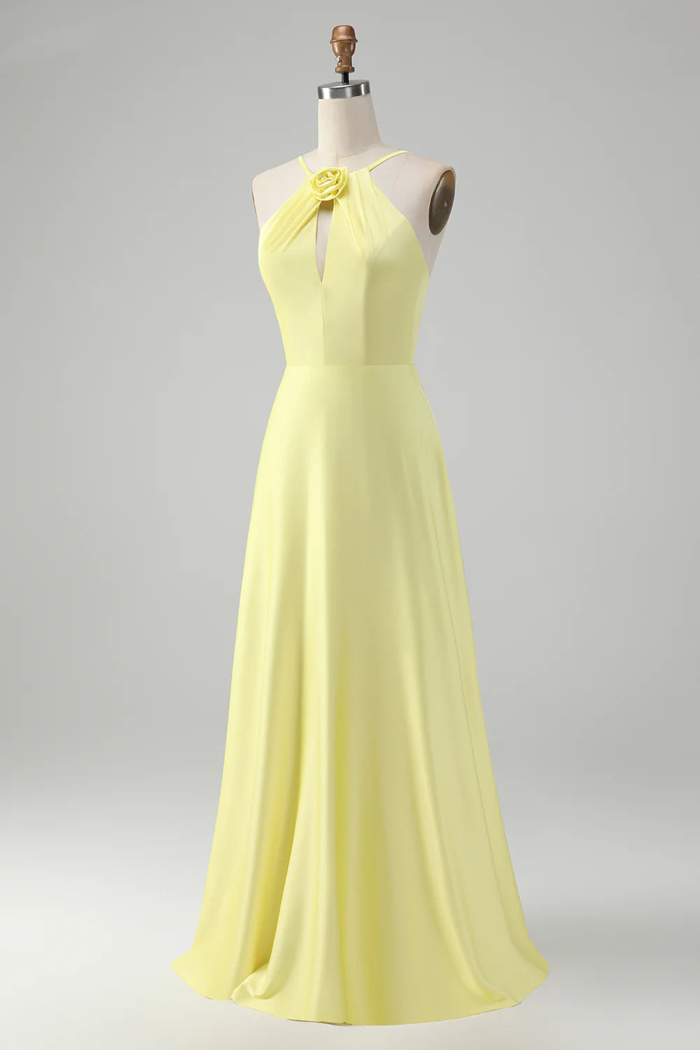 Stylish Yellow A Line Halter Pleated Long Bridesmaid Dress with Flower