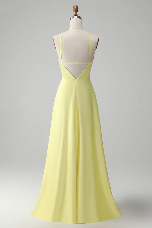 Stylish Yellow A Line Halter Pleated Long Bridesmaid Dress with Flower