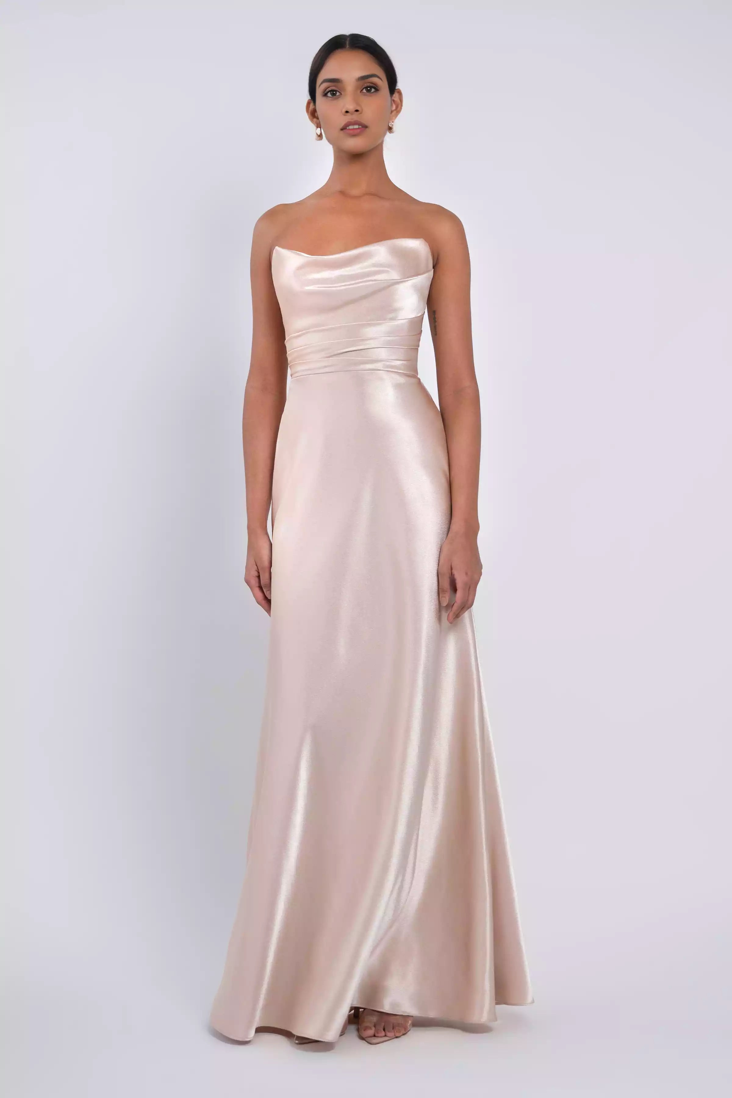 Stylish and elegant structure, tight corset without shoulder straps, pleated neckline, slit, back middle zipper, Evening Dresses