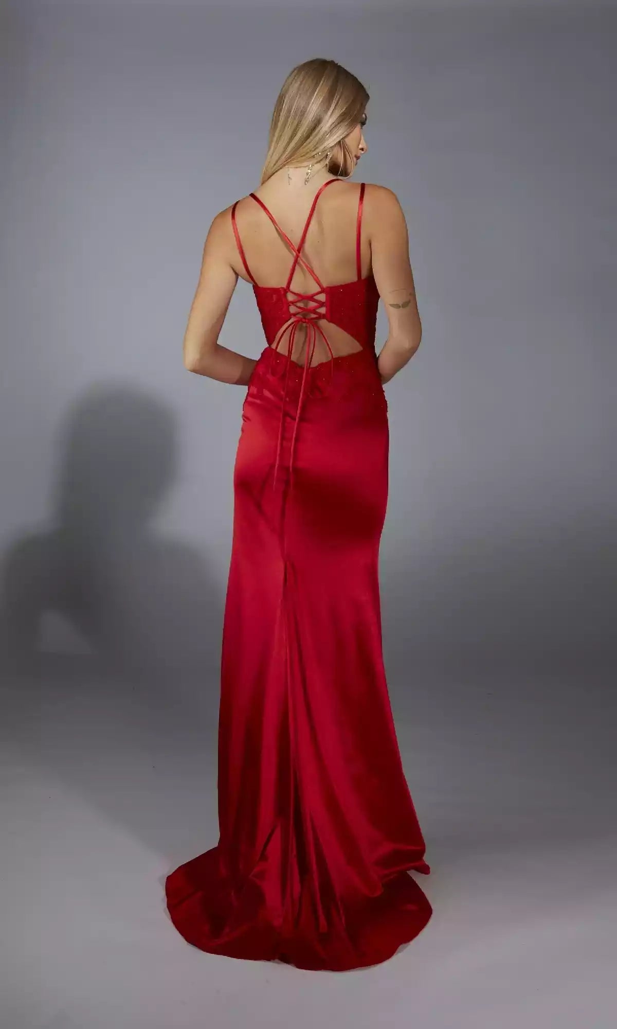 Stylish slim shoulder strap long stretch satin lace tight corset with backless slit Prom Dresses