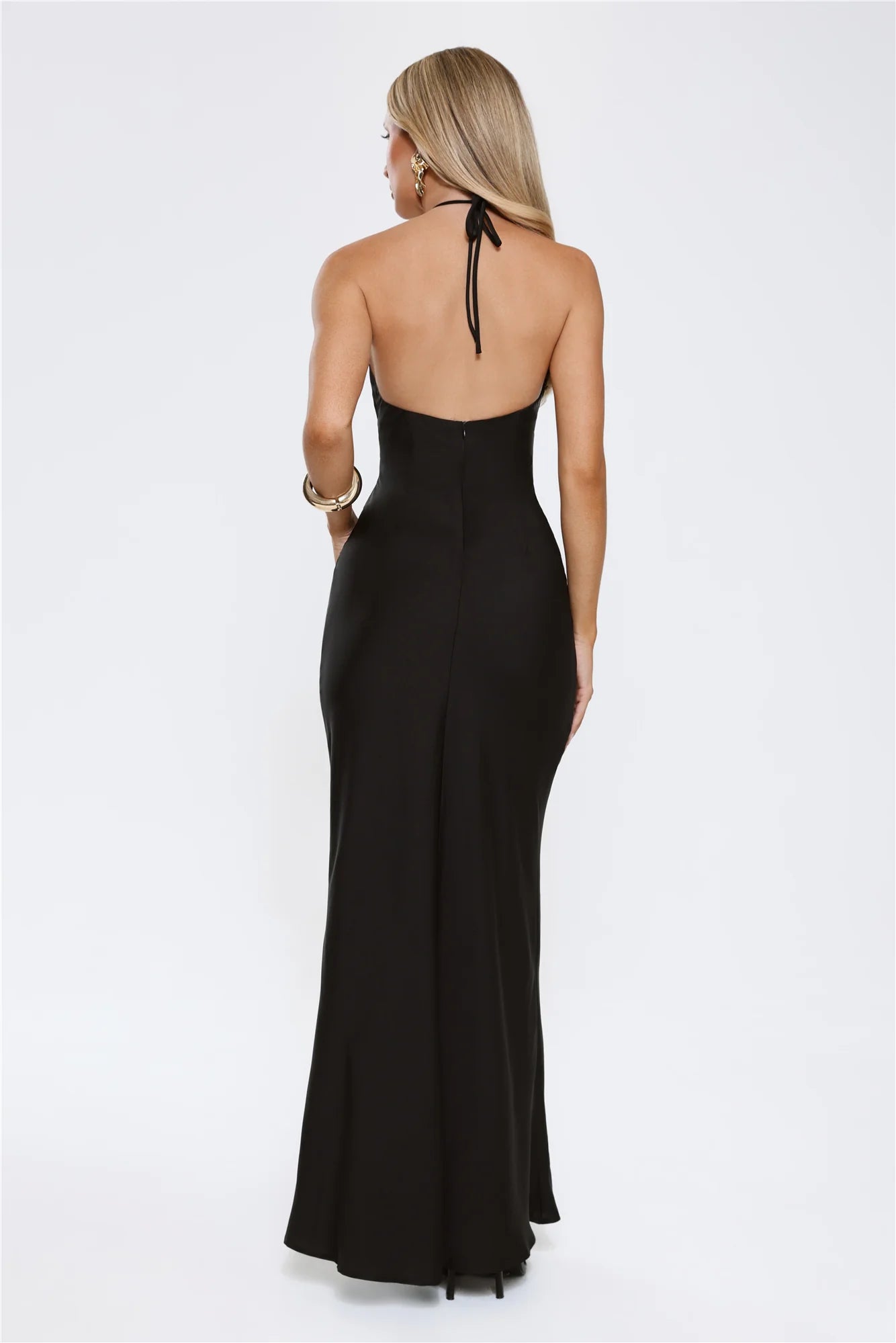 Sultry Black Satin Halter Maxi Dress with Sheer Mesh Waist Panel, Ruched Side Detail, Open Back Tie Closure and Floor-Length Mermaid Skirt