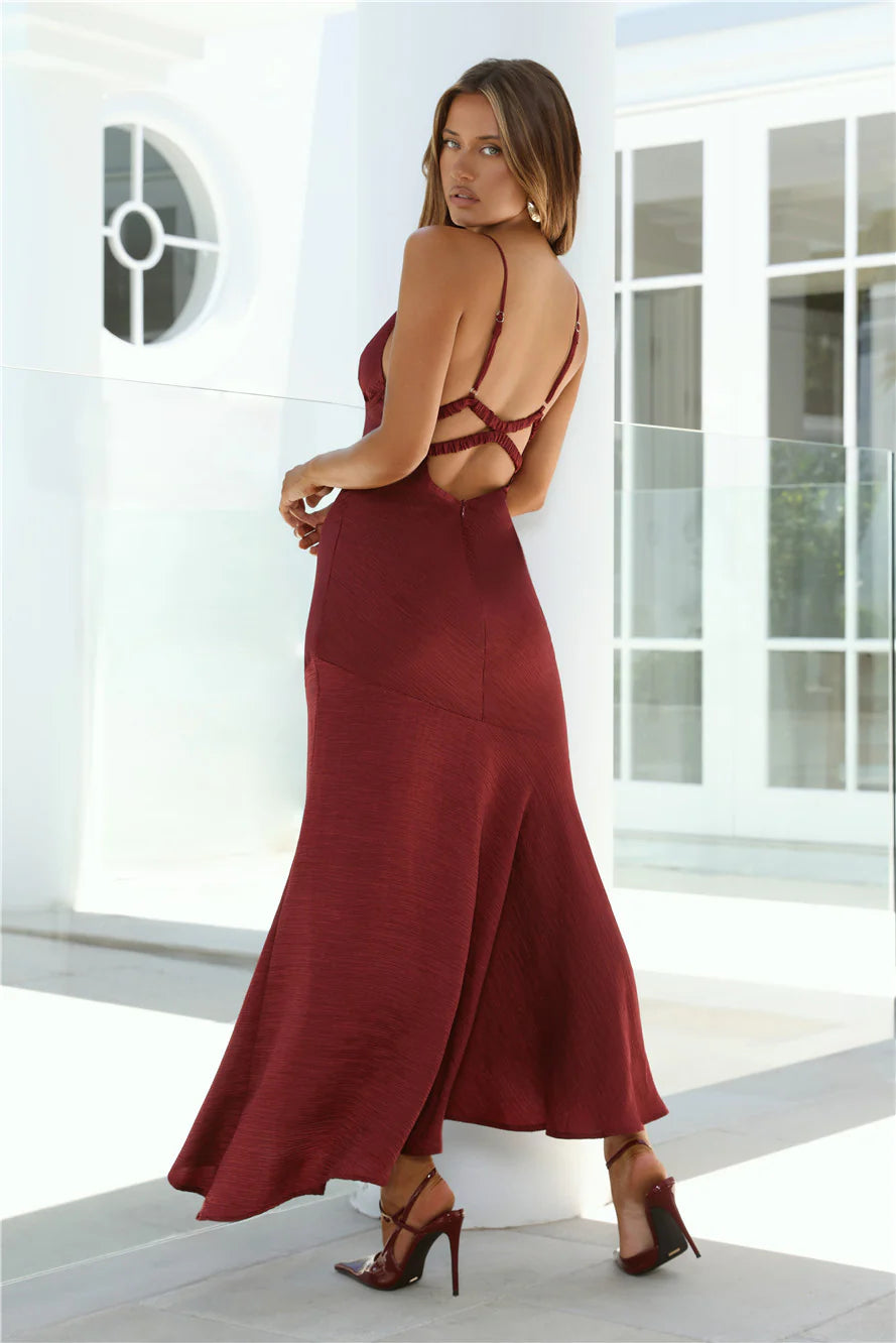 Sultry Burgundy Textured Maxi Dress with Plunge V-Neck, Adjustable Spaghetti Straps, Crisscross Open Back and High-Low Mermaid Skirt