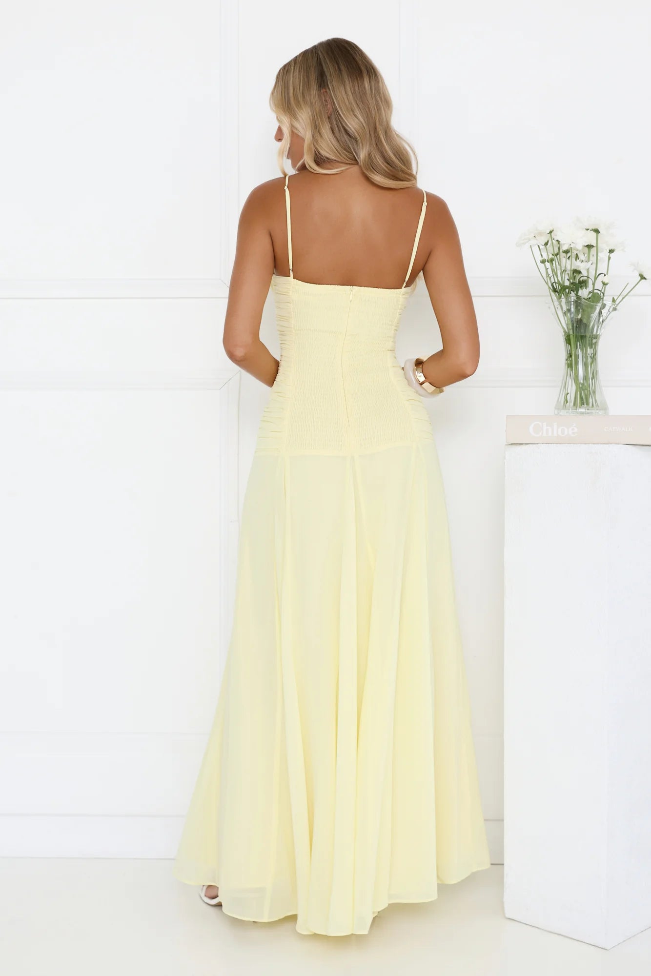 Sunny Yellow Chiffon Maxi Dress with Ruched Bodice, Front Bow Accent, Flowy Floor-Length Skirt and Adjustable Spaghetti Straps