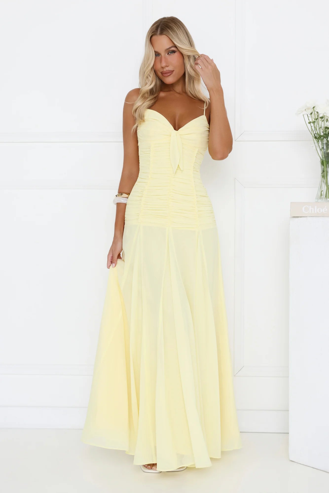 Sunny Yellow Chiffon Maxi Dress with Ruched Bodice, Front Bow Accent, Flowy Floor-Length Skirt and Adjustable Spaghetti Straps