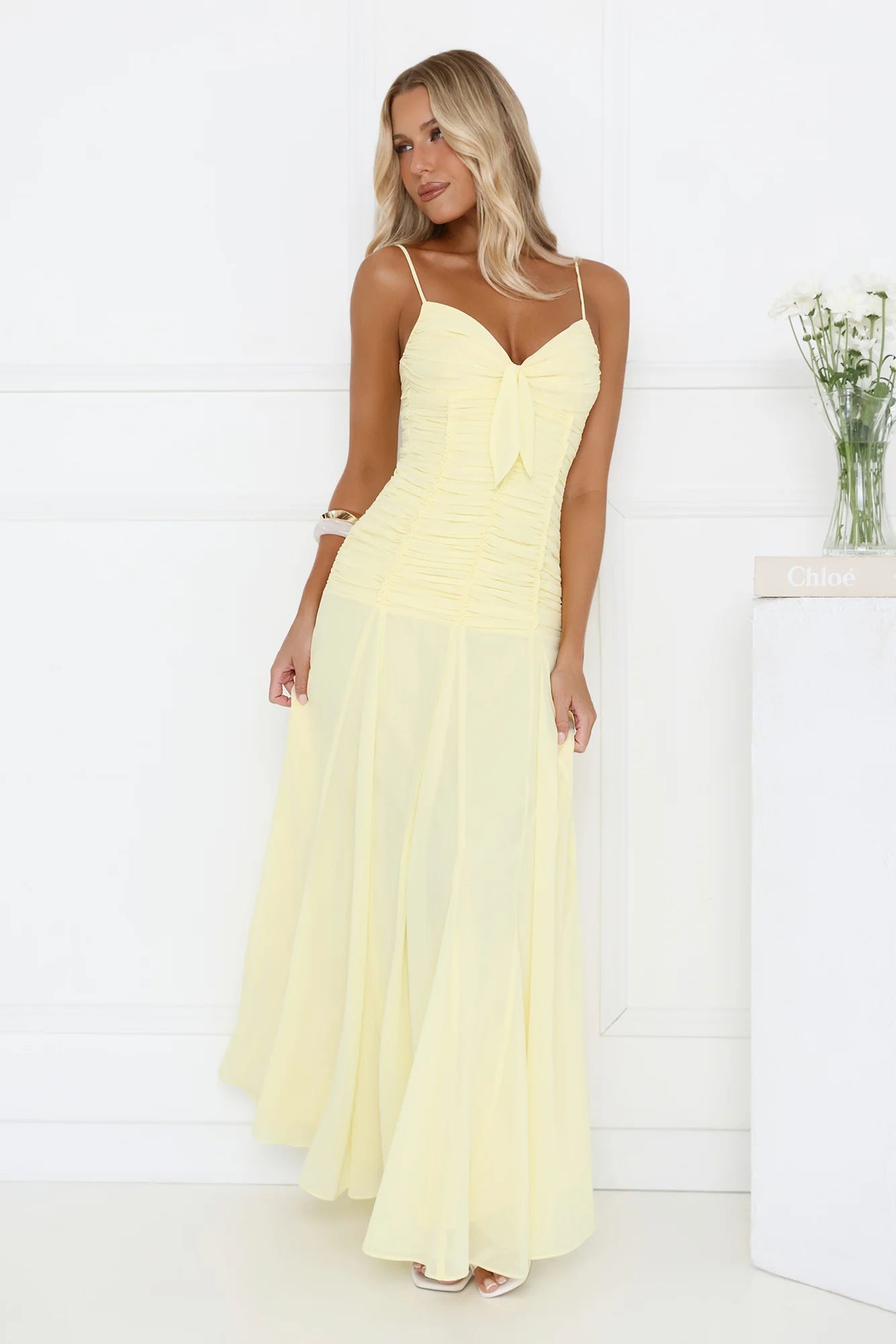 Sunny Yellow Chiffon Maxi Dress with Ruched Bodice, Front Bow Accent, Flowy Floor-Length Skirt and Adjustable Spaghetti Straps