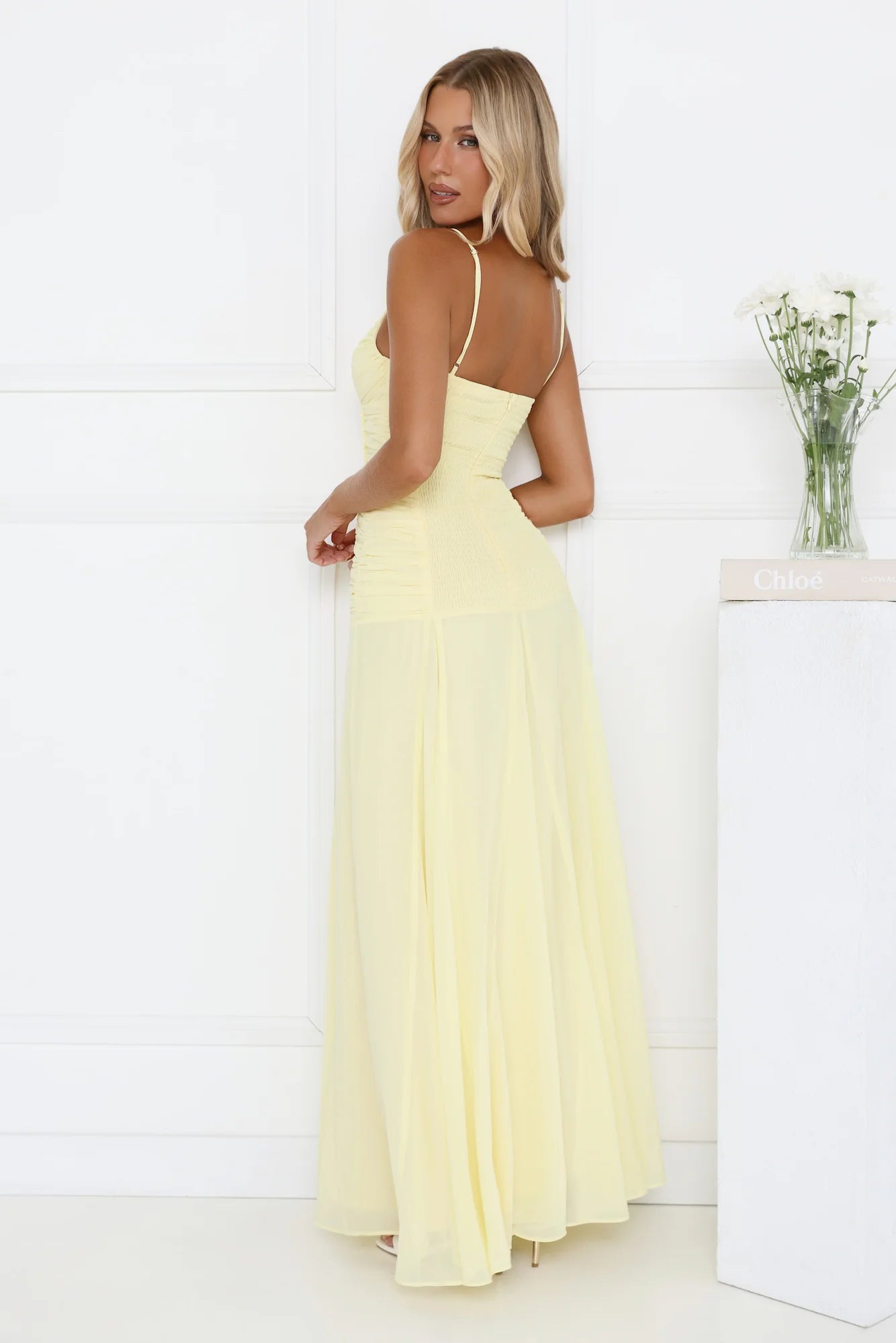 Sunny Yellow Chiffon Maxi Dress with Ruched Bodice, Front Bow Accent, Flowy Floor-Length Skirt and Adjustable Spaghetti Straps