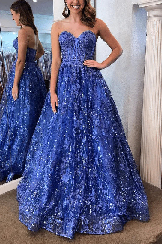 Sweetheart A-Line Strapless Blue Appliques Sleeveless Long Prom Dress