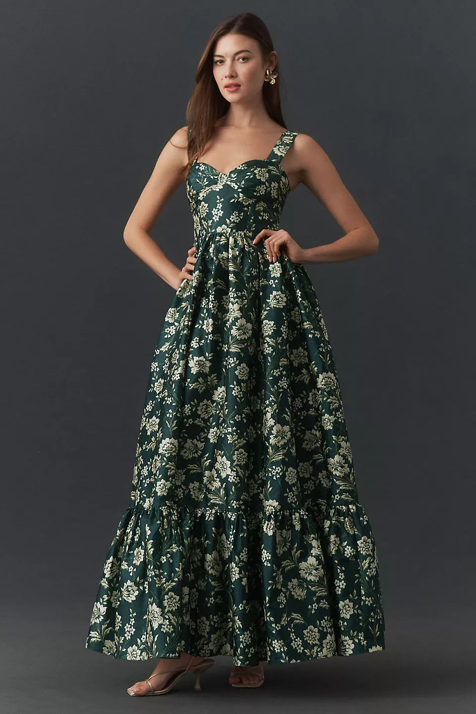 Sweetheart Neck Floral Print Tiered Maxi Dress with Pockets