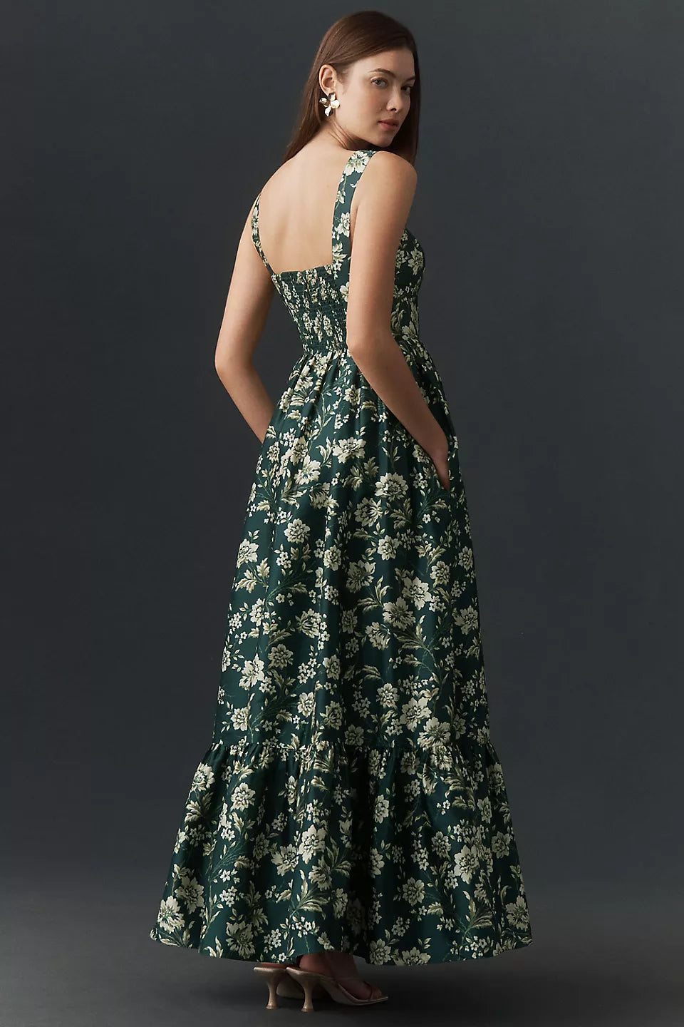 Sweetheart Neck Floral Print Tiered Maxi Dress with Pockets