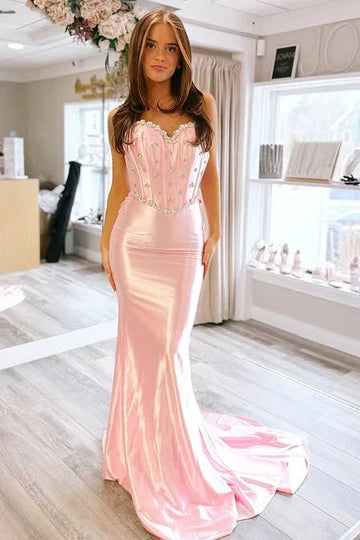 Sweetheart Neck Pink Satin Mermaid Prom Dress with Beaded Bodice and Back Bow