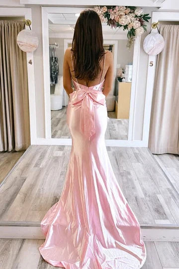 Sweetheart Neck Pink Satin Mermaid Prom Dress with Beaded Bodice and Back Bow