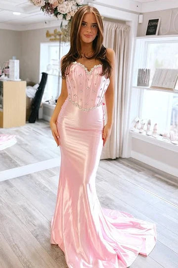 Sweetheart Neck Pink Satin Mermaid Prom Dress with Beaded Bodice and Back Bow