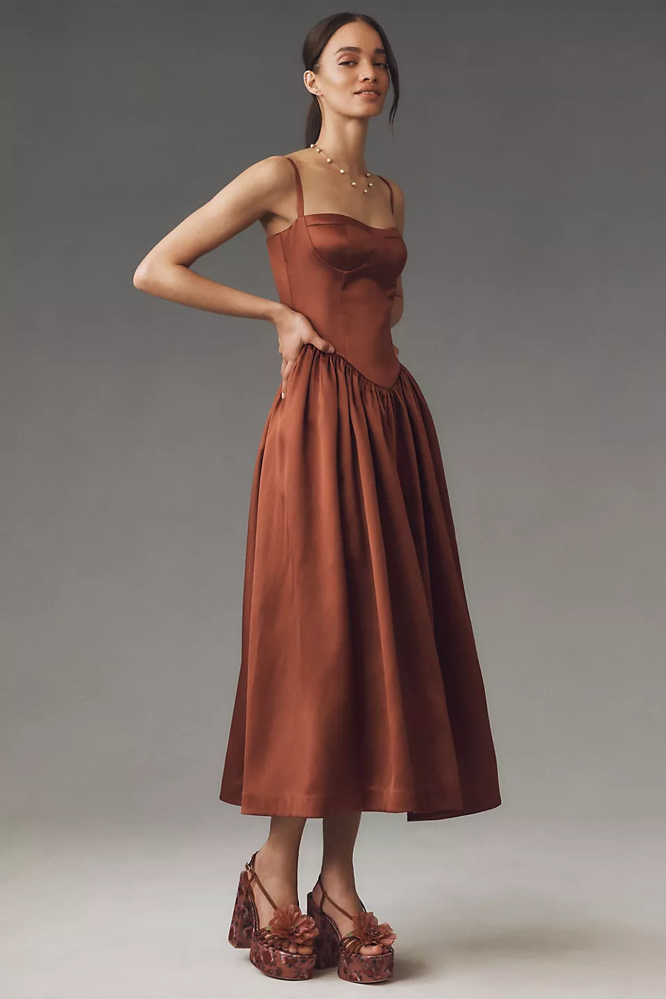 Sweetheart Neck Satin Corset Midi Evening Dress