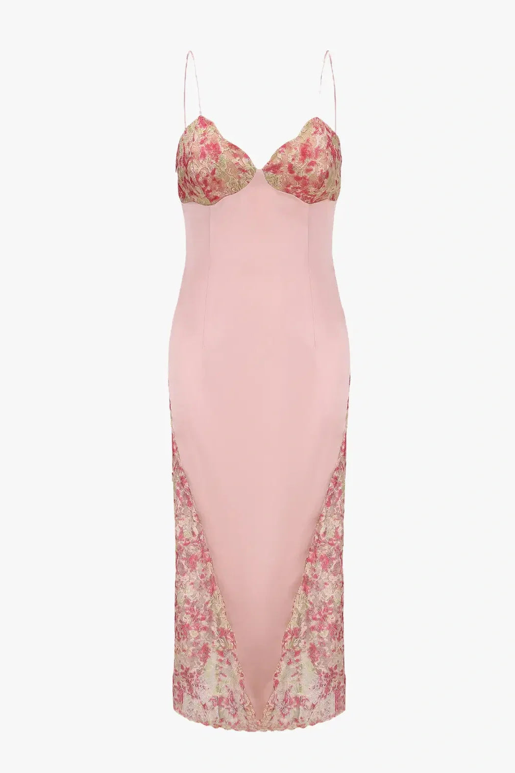 Pink Satin Floral Lace Spaghetti Strap Midi Dresses