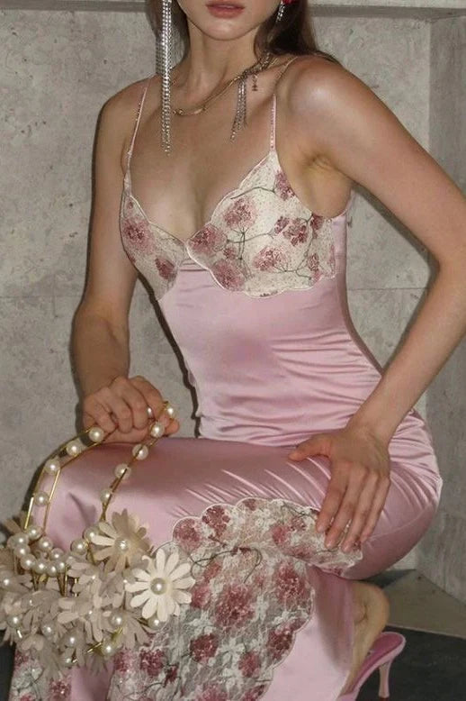 Pink Satin Floral Lace Spaghetti Strap Midi Dresses